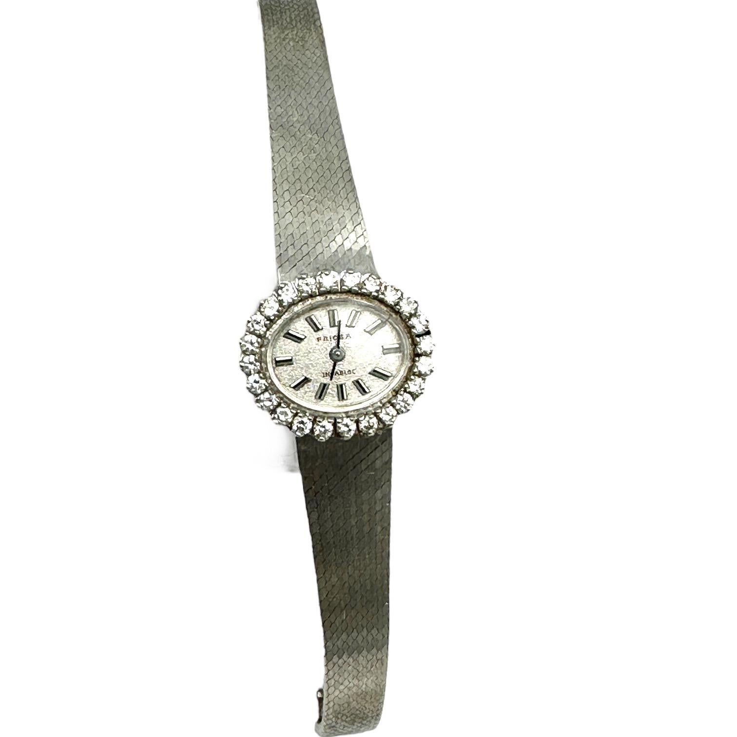 .75 Karat 14k Weißgold Priosa Incabloc Diamant Uhr ist ein 1980er Jahrgang 1