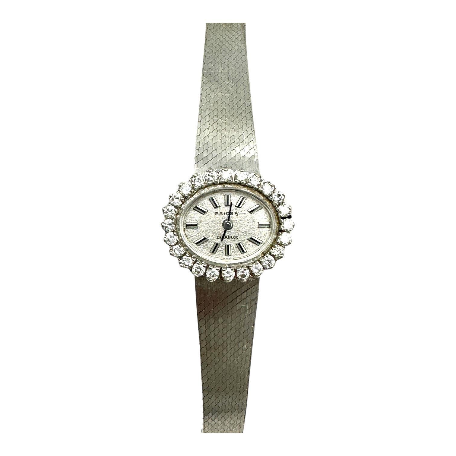 .75 Karat 14k Weißgold Priosa Incabloc Diamant Uhr ist ein 1980er Jahrgang 2