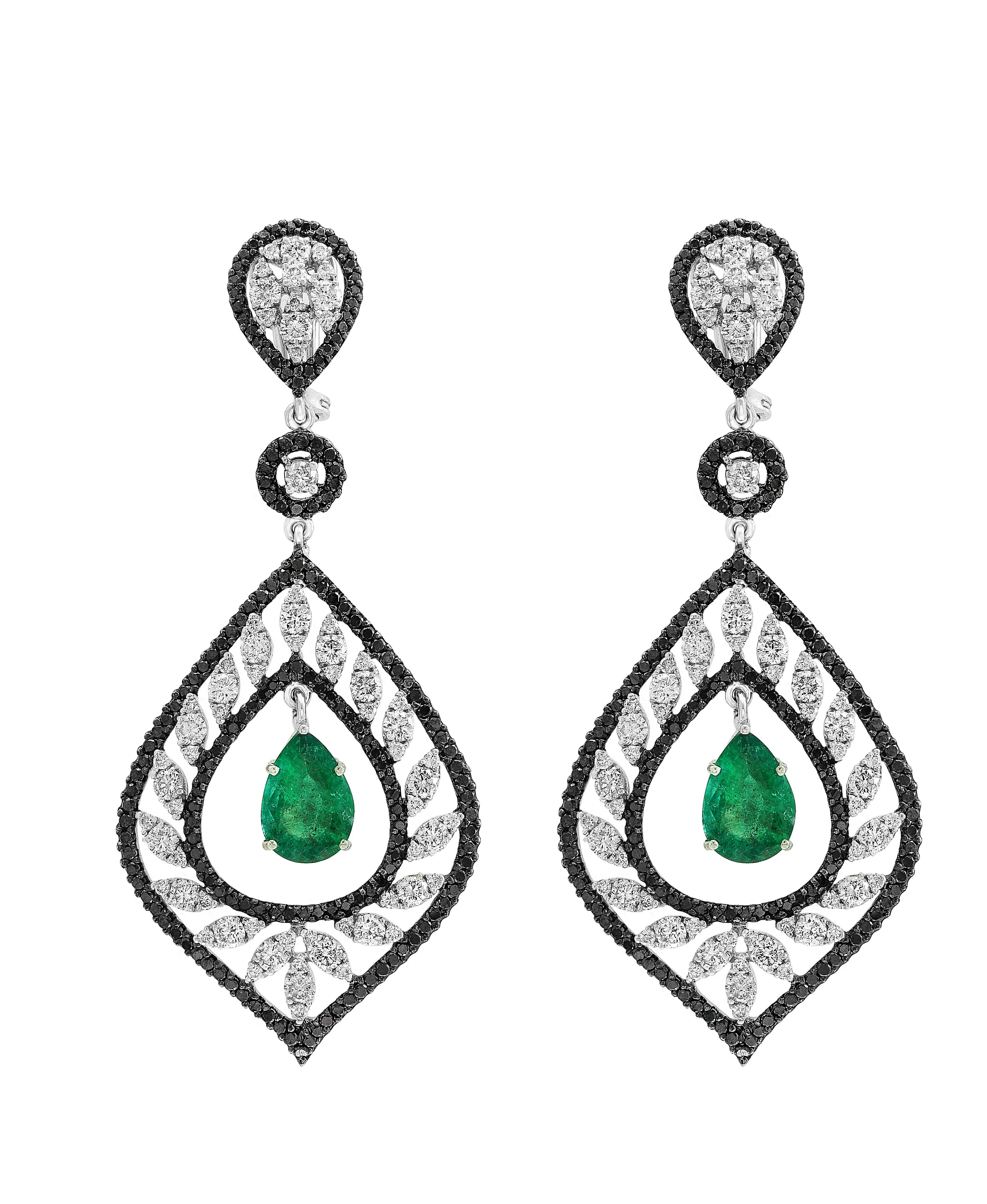 Pear Cut GIA Certified 6 Ct Zambian Pear Shape Emerald Diamond Drop Earrings 18Kt W Gold For Sale