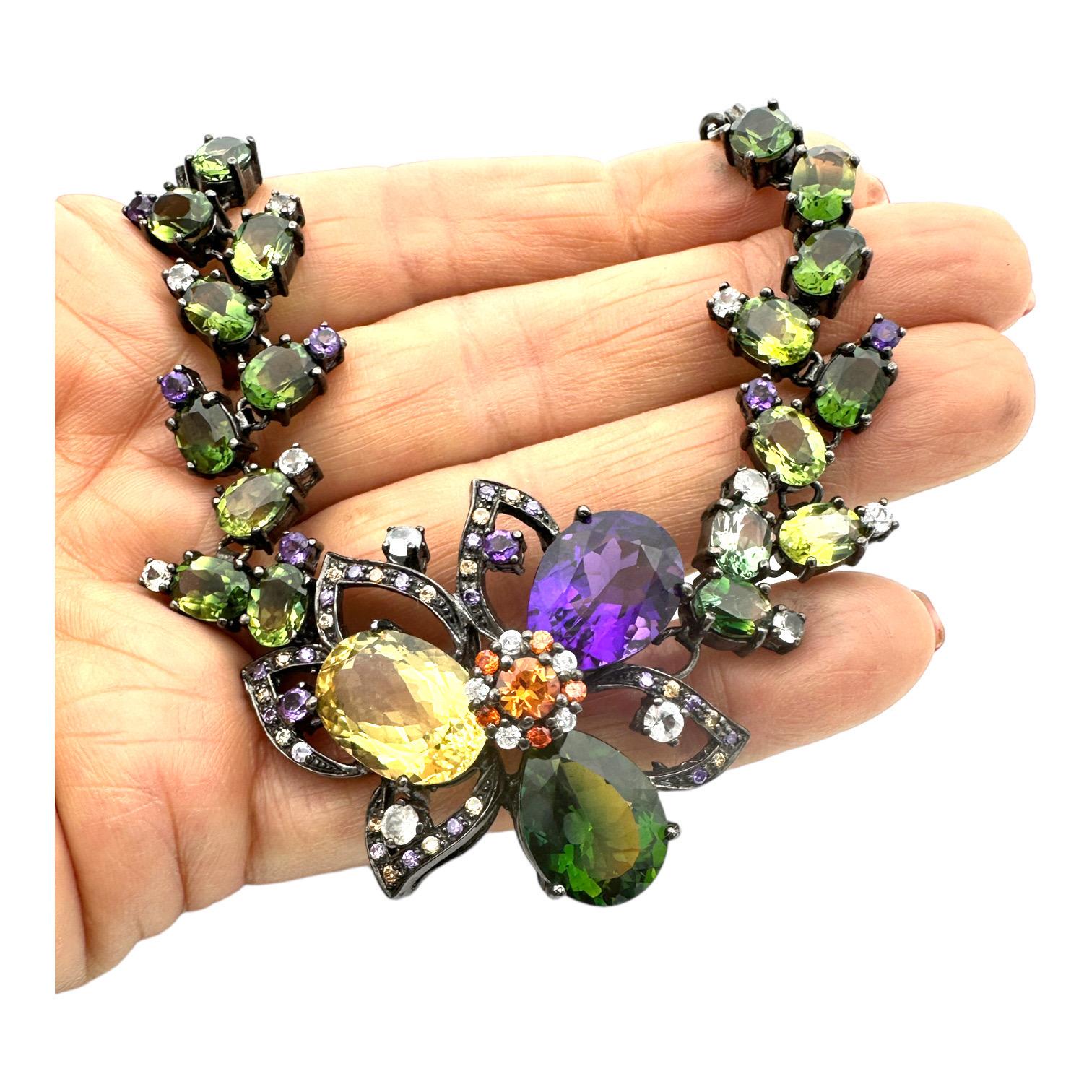 Baroque Revival 75 Carat Colored Gemstone Necklace Black Sterling Silver White Sapphire Necklace For Sale