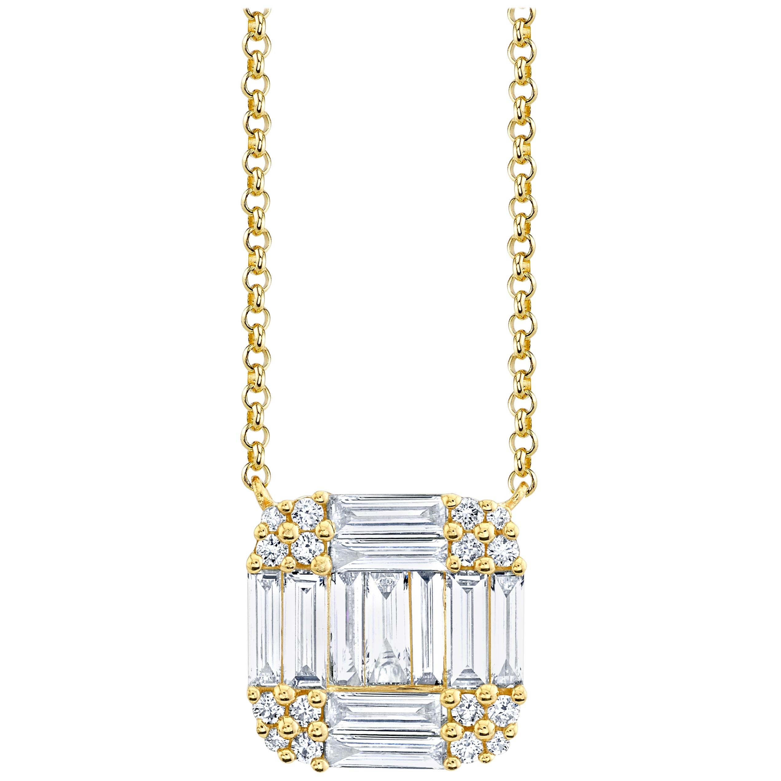 Diamond Baguette and Round, Yellow Gold, Square Mosaic Design Pendant Necklace