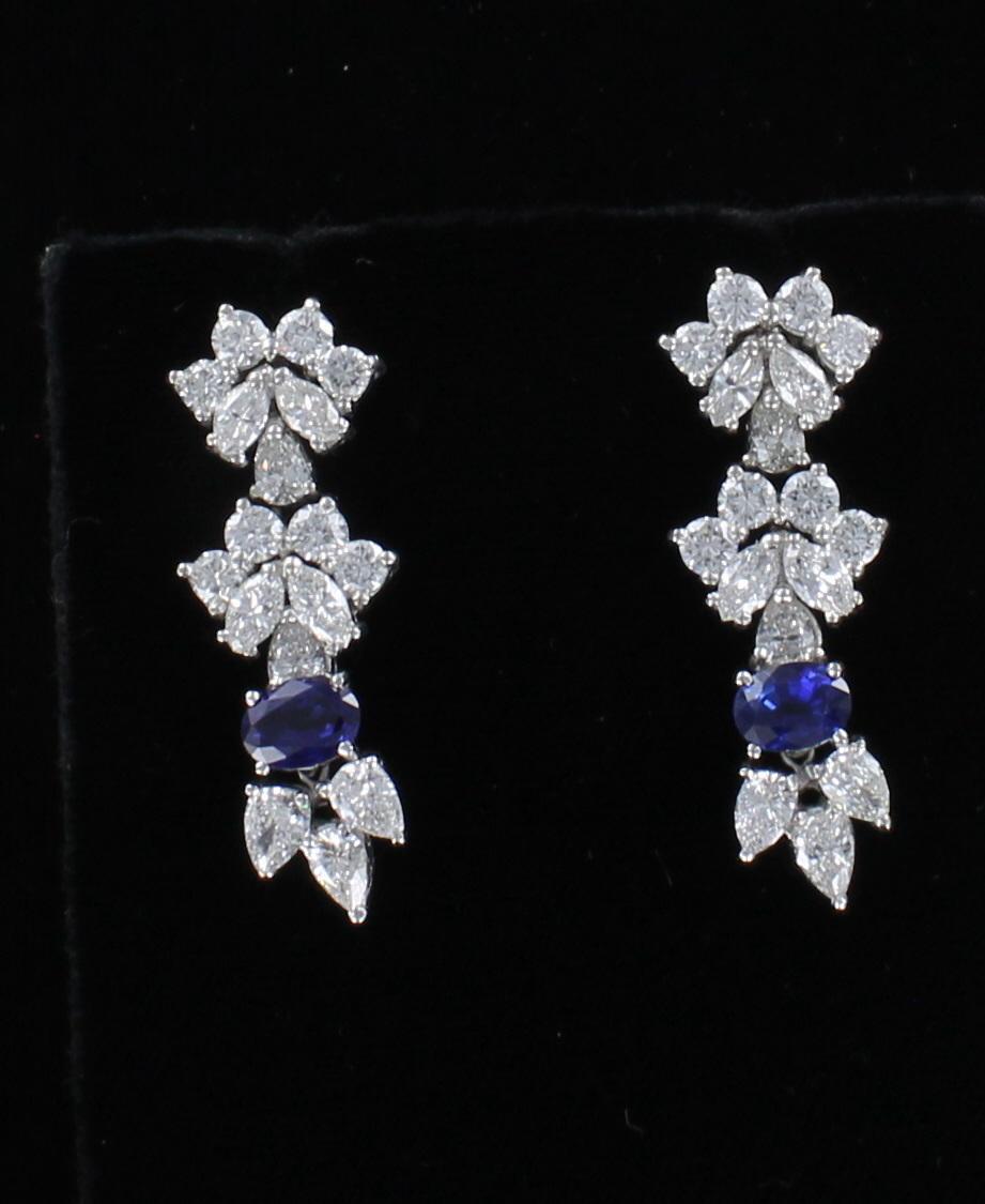 Round Cut 7.5 Carat Diamond and Sapphire Earrings Set in Platinum For Sale