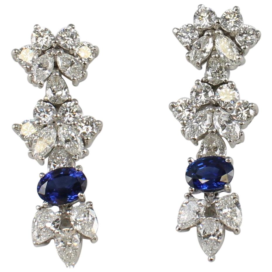 7.5 Carat Diamond and Sapphire Earrings Set in Platinum For Sale