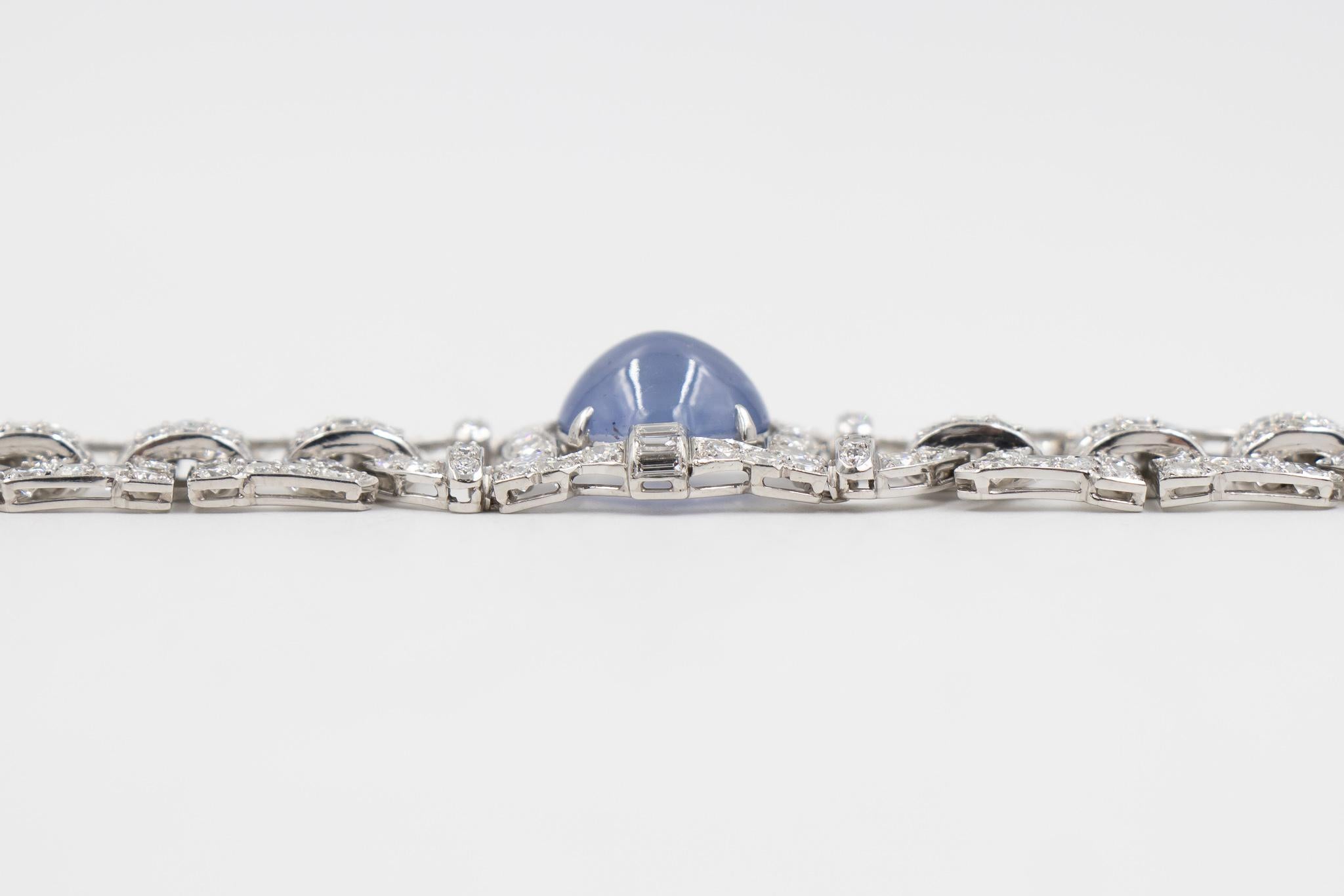 7.5 Carat Diamond and Star Sapphire Art Deco Estate Bracelet in Platinum In Excellent Condition In Carmel, IN