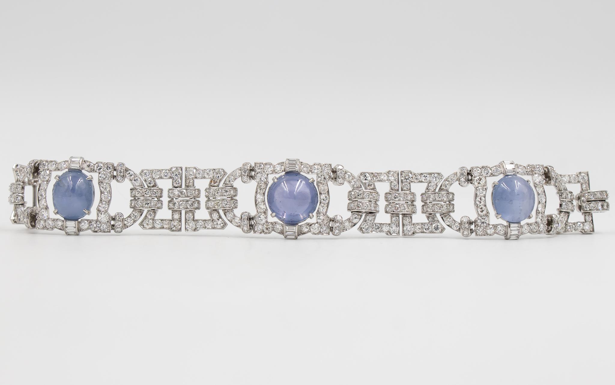 Women's 7.5 Carat Diamond and Star Sapphire Art Deco Estate Bracelet in Platinum