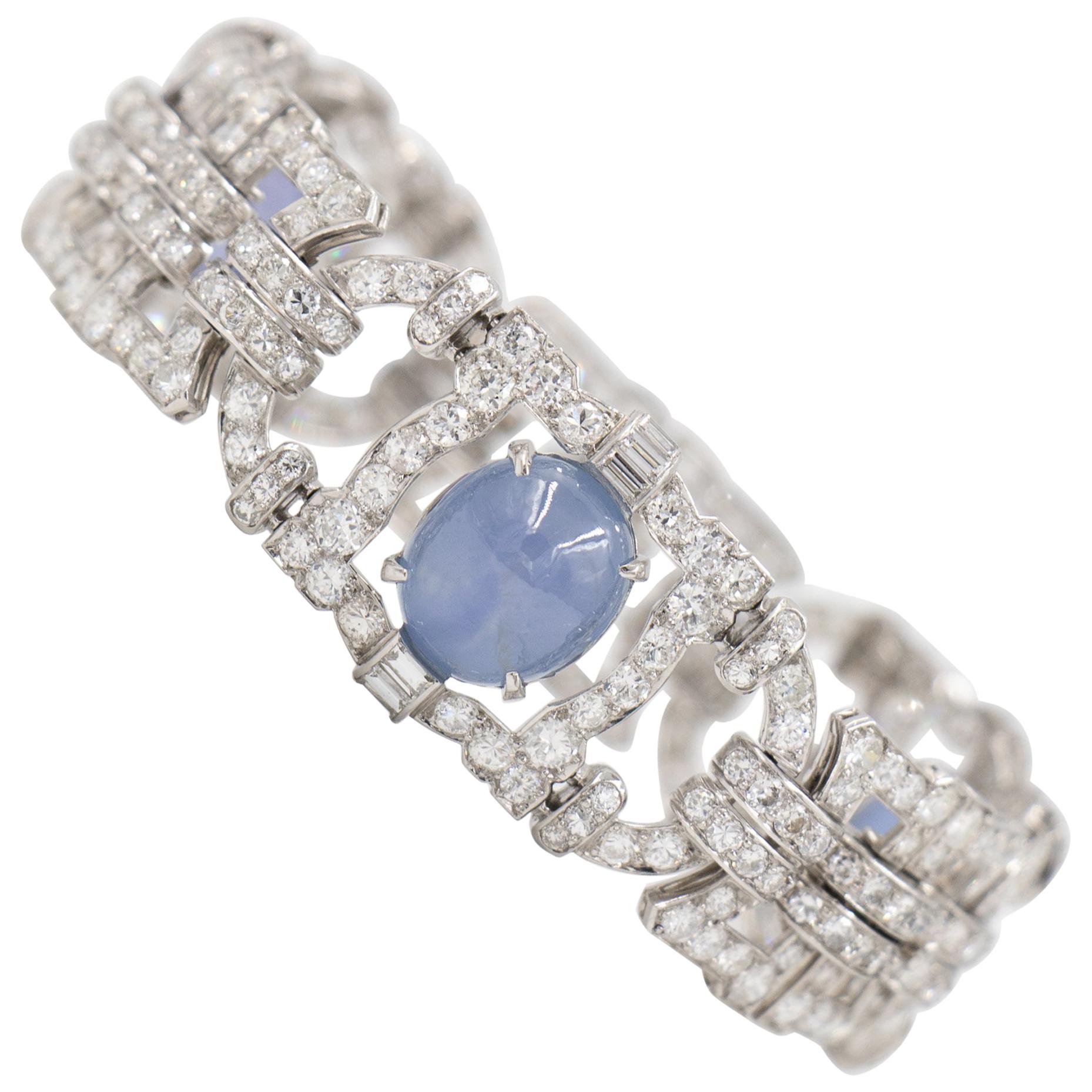 7.5 Carat Diamond and Star Sapphire Art Deco Estate Bracelet in Platinum