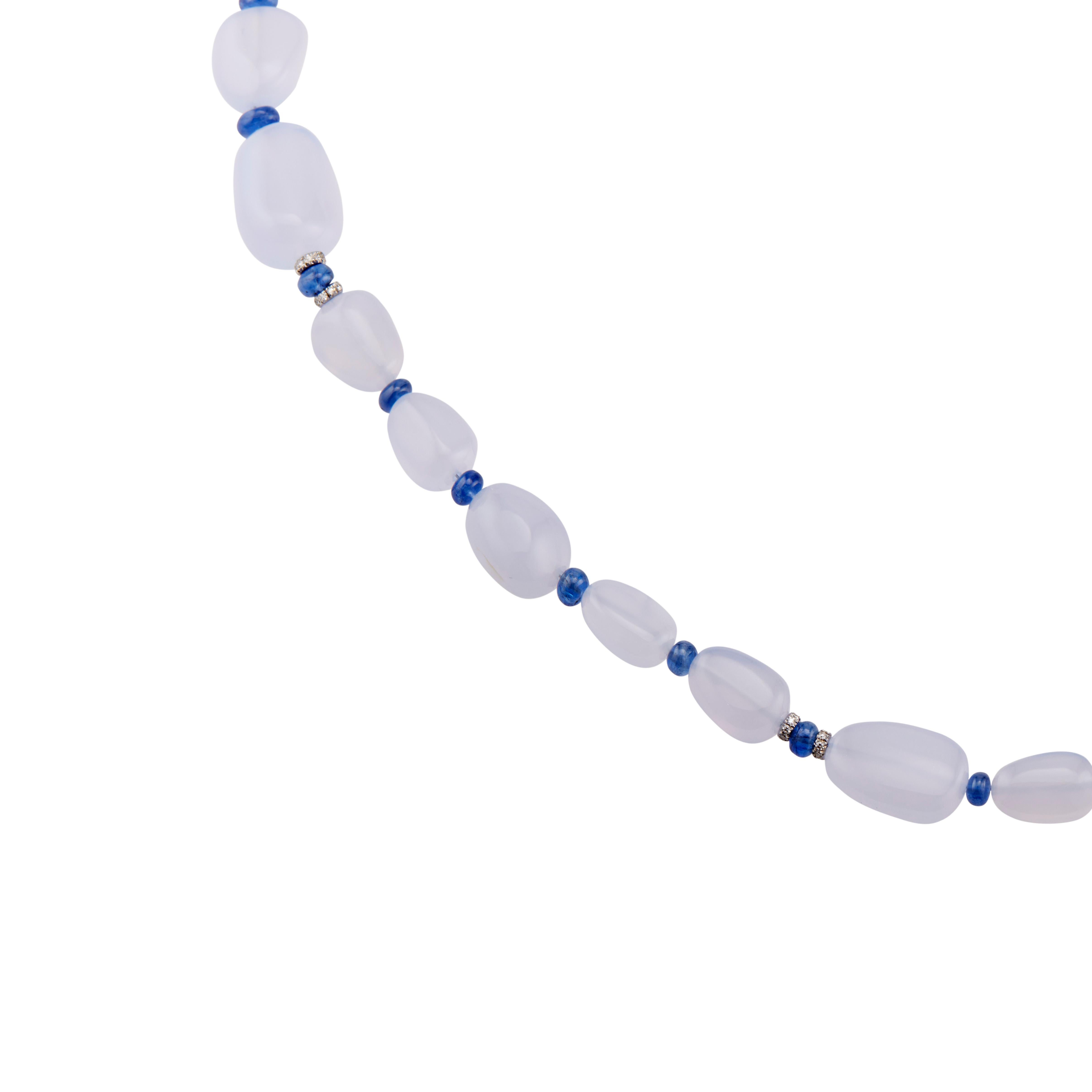 Round Cut .75 Carat Diamond Chalcedony Sapphire White Gold Bead Necklace For Sale