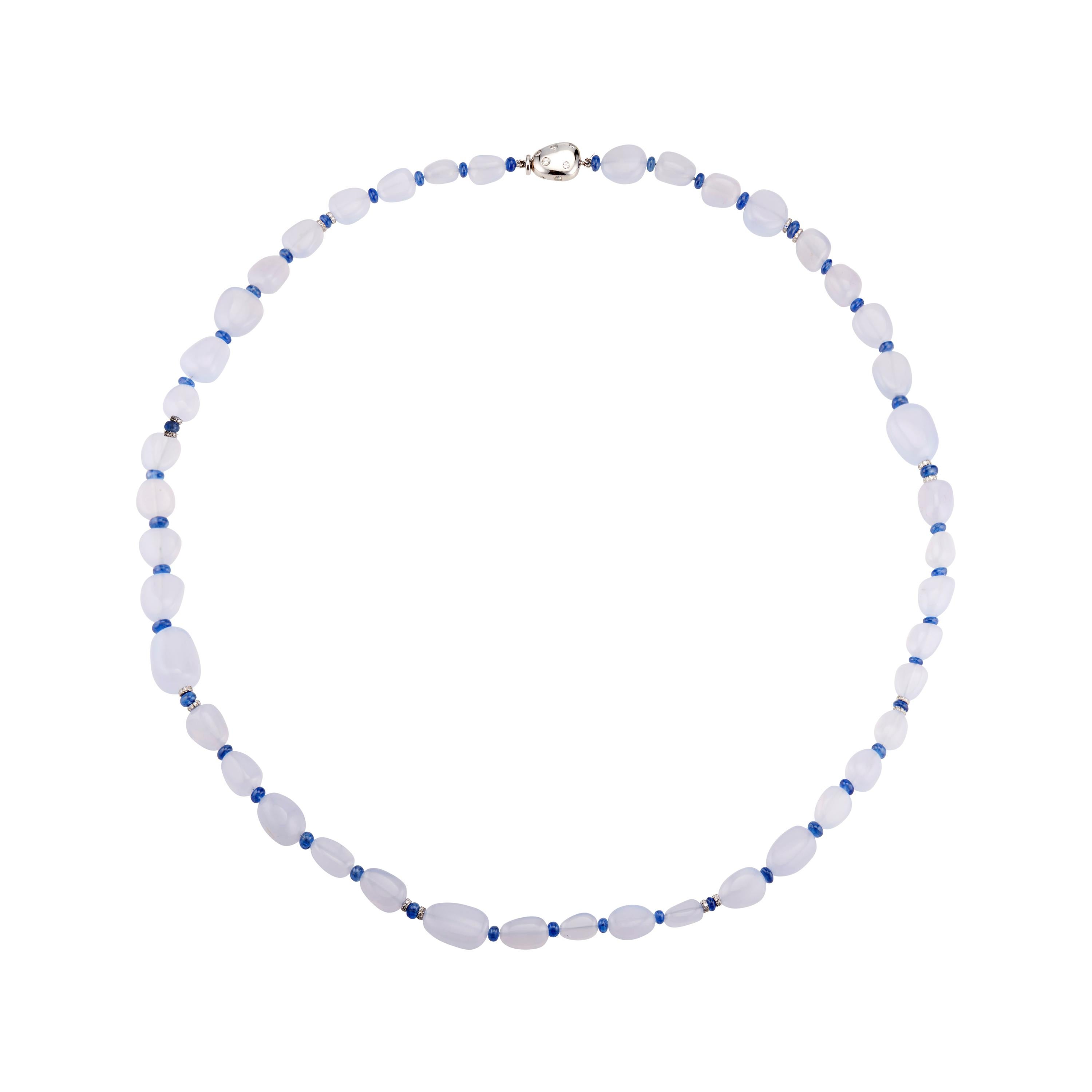.75 Carat Diamond Chalcedony Sapphire White Gold Bead Necklace For Sale