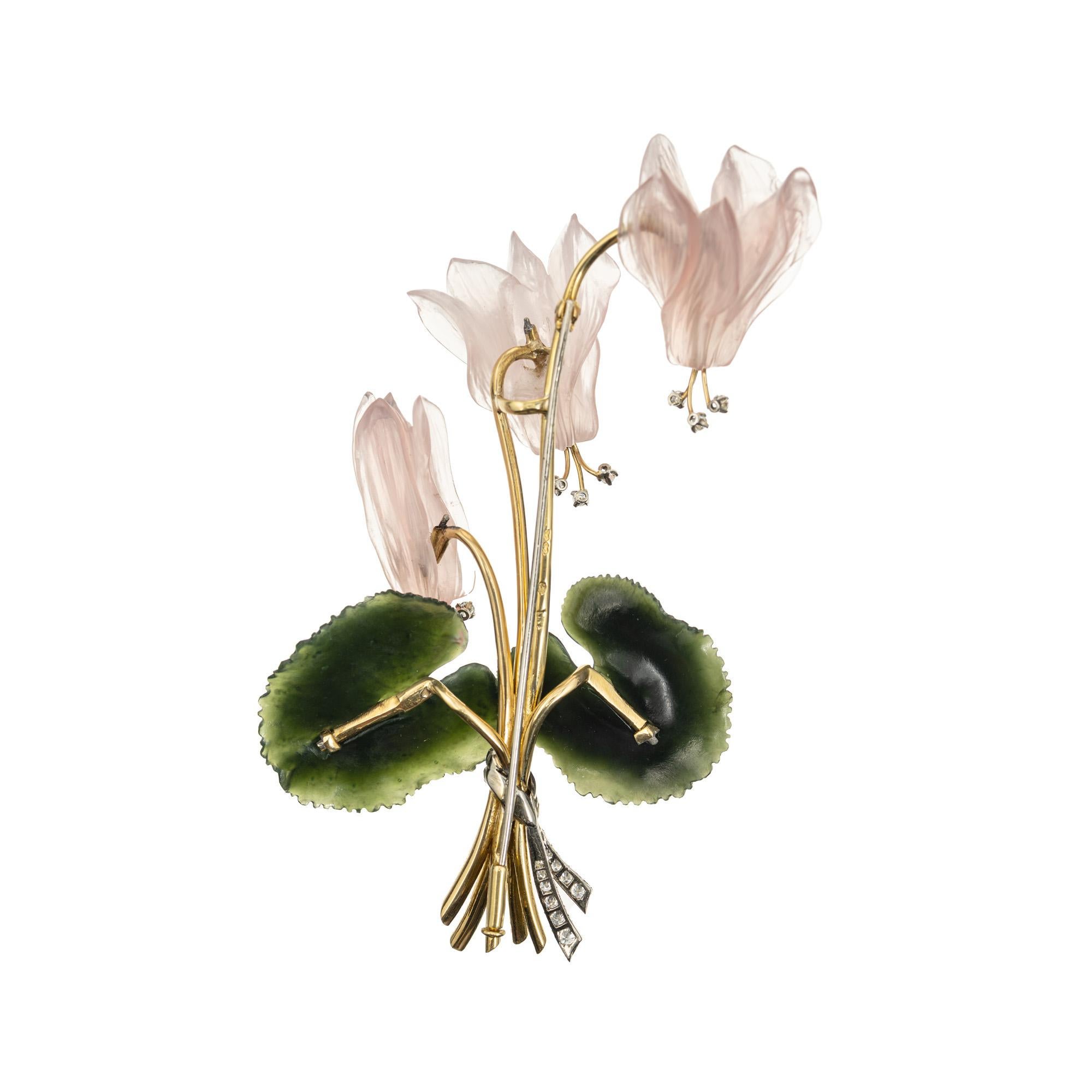 Round Cut .75 Carat Diamond Jade Quartz Yellow Gold Carved Flower Brooch For Sale