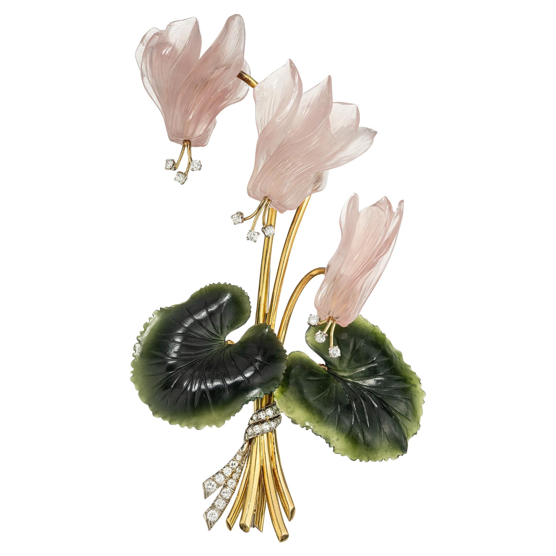 .75 Quilates Diamante Cuarzo Jade Oro Amarillo Broche Flor Tallada