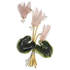 .75 Carat Diamond Jade Quartz Yellow Gold Carved Flower Brooch