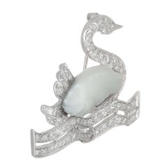 .75 Carat Diamond Peal White Gold Swan Midcentury Brooch