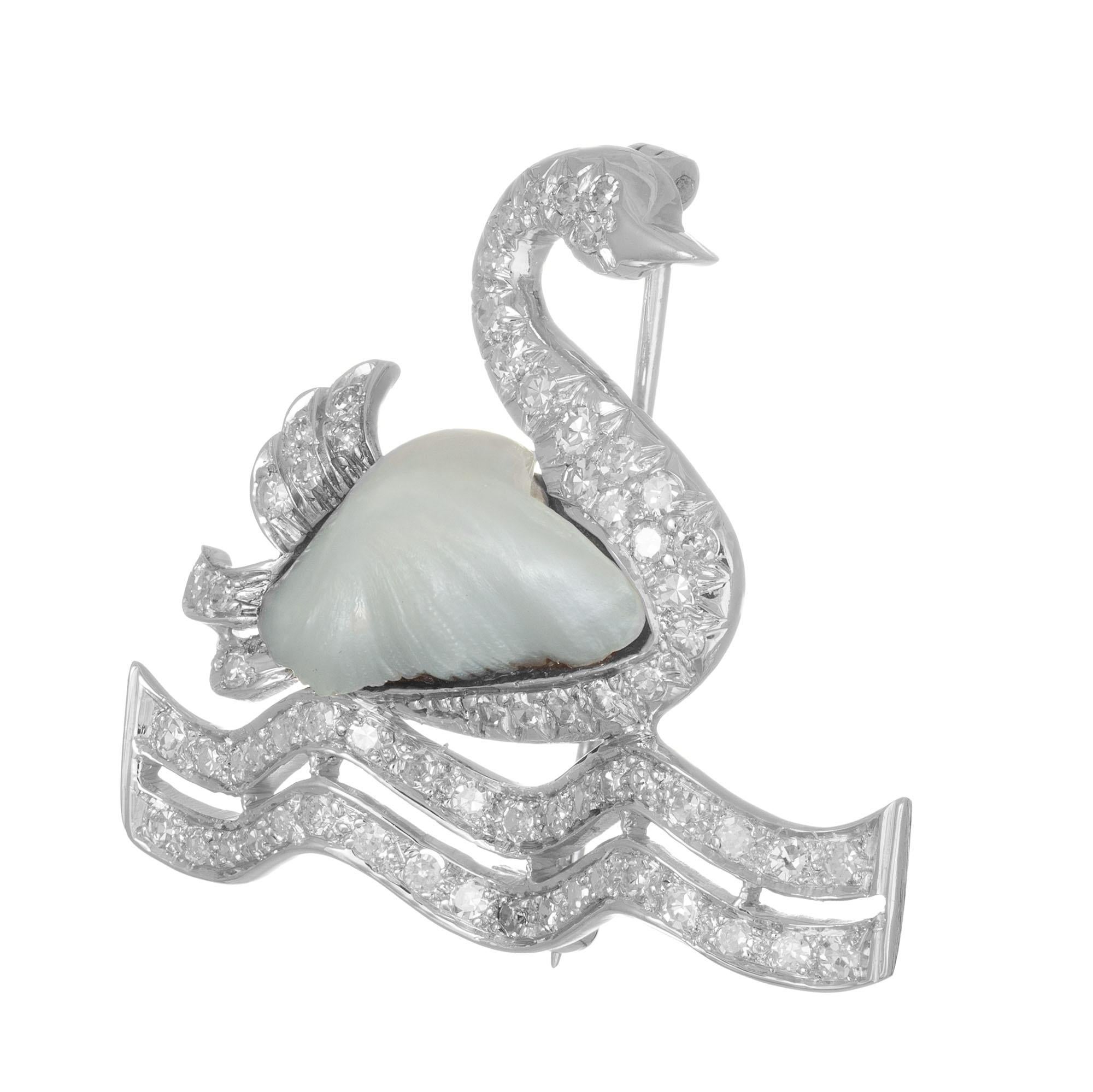 .75 Carat Diamond Peal White Gold Swan Midcentury Brooch In Excellent Condition For Sale In Stamford, CT