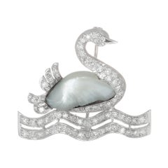 Vintage .75 Carat Diamond Peal White Gold Swan Midcentury Brooch