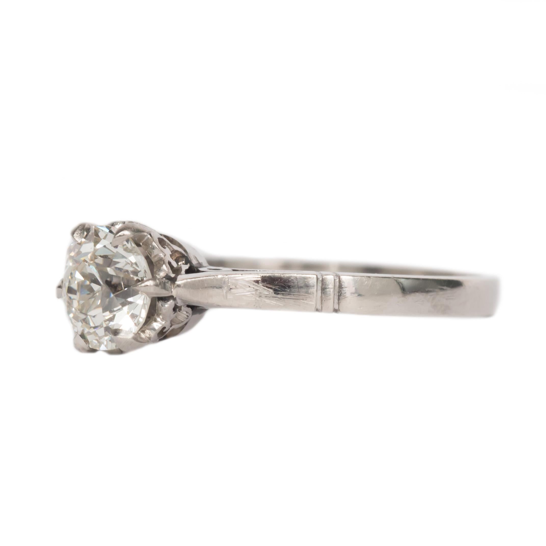 Item Details: 
Ring Size: 6.5
Metal Type: Platinum [Tested]
Weight: 3.3 grams

Center Diamond Details
Shape: Old European Brilliant
Carat Weight: .75 carat
Color: J
Clarity: VS1

Finger to Top of Stone Measurement: 6MM
Condition: Excellent