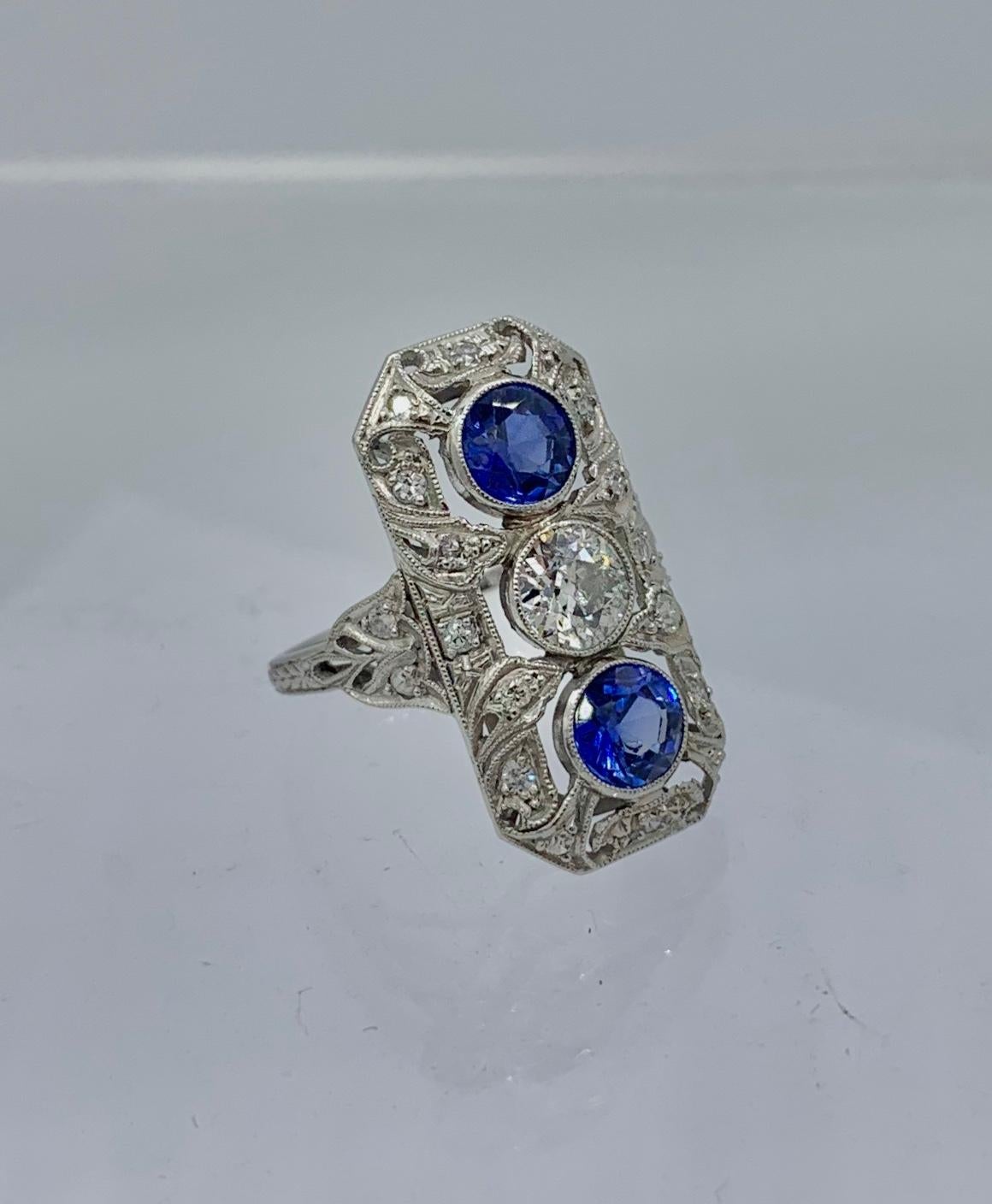 .75 Carat Diamond Sapphire Platinum Wedding Engagement Ring Art Deco Antique en vente 6