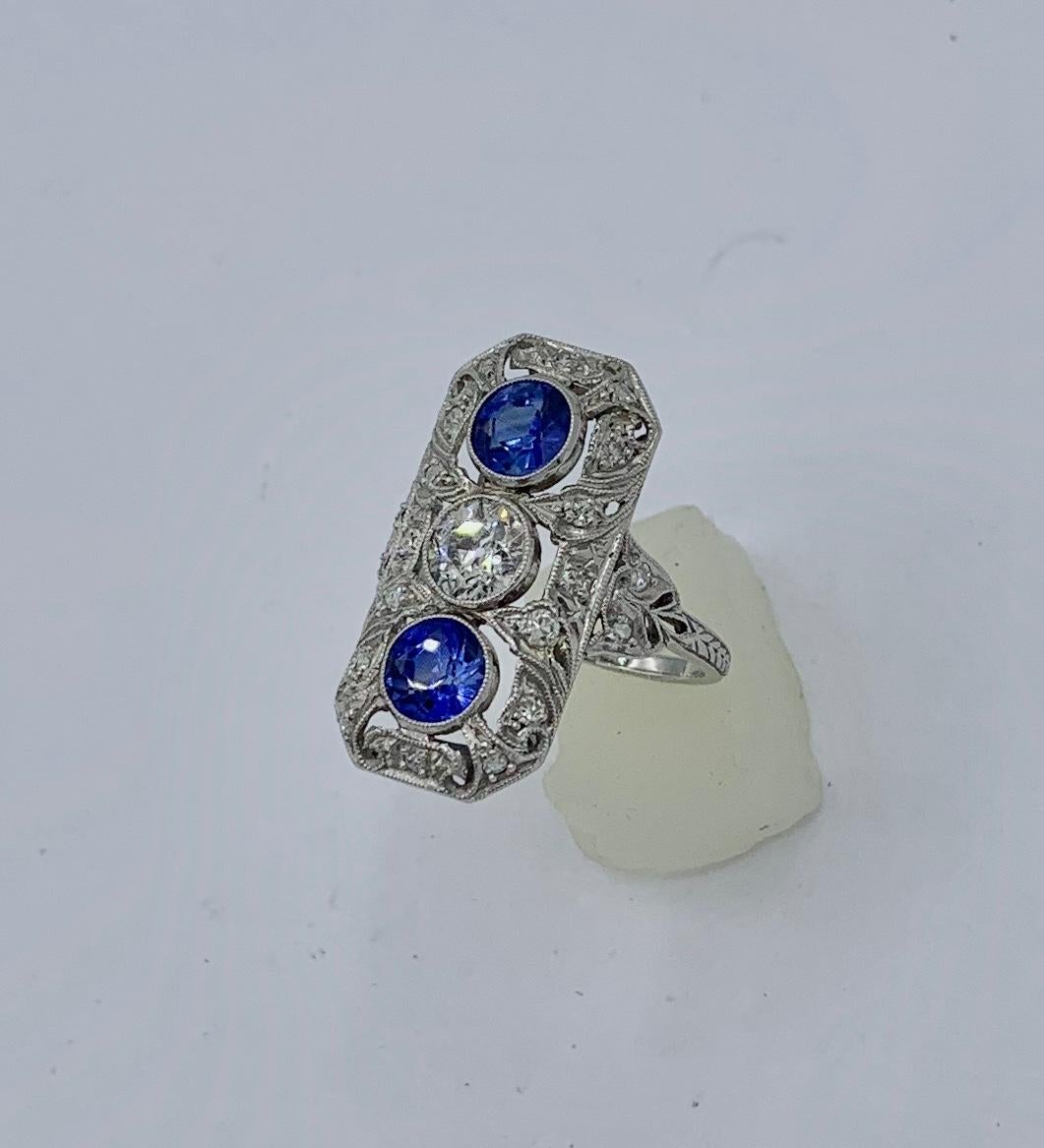 .75 Carat Diamond Sapphire Platinum Wedding Engagement Ring Art Deco Antique en vente 7