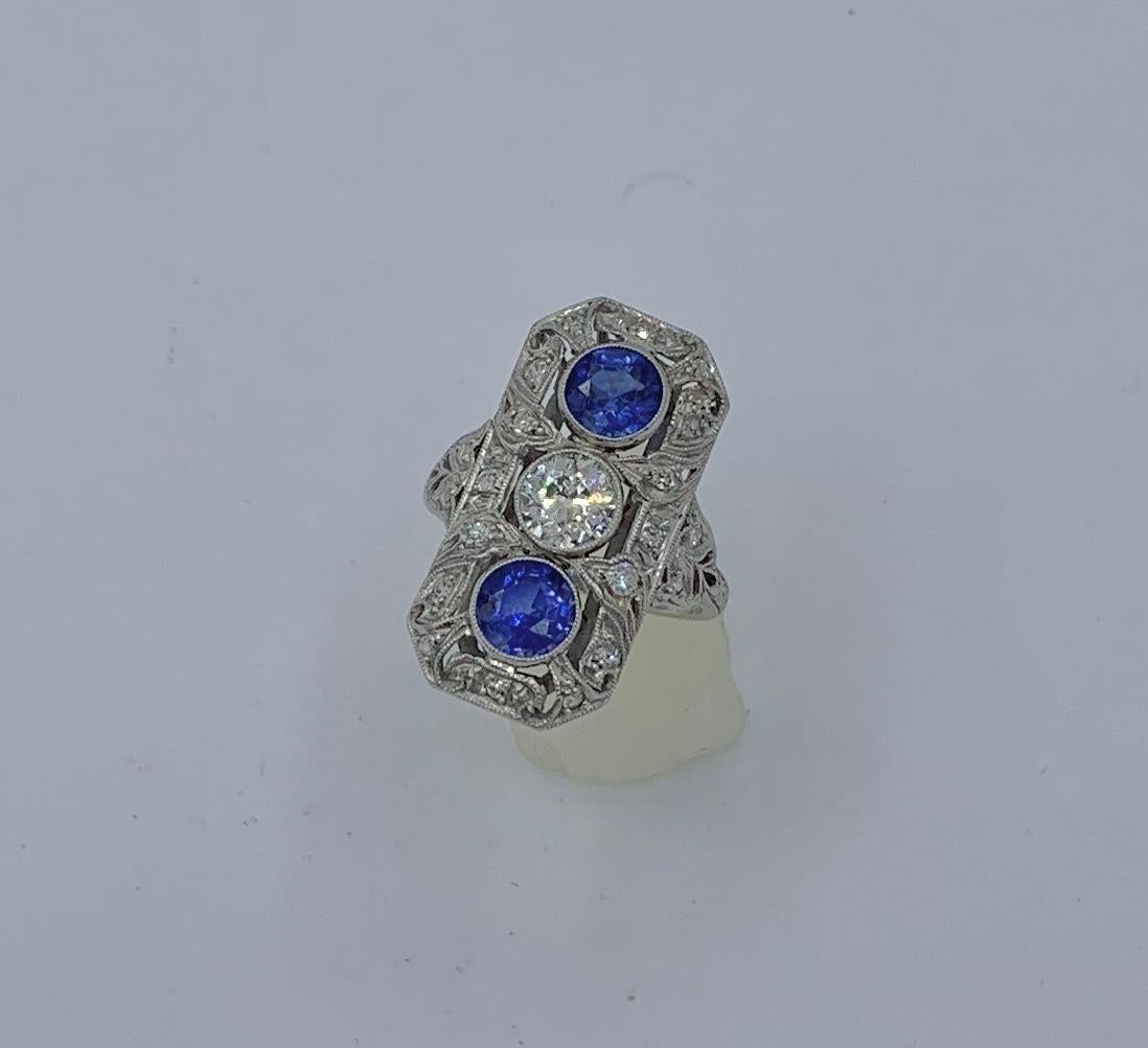 .75 Carat Diamond Sapphire Platinum Wedding Engagement Ring Art Deco Antique en vente 8