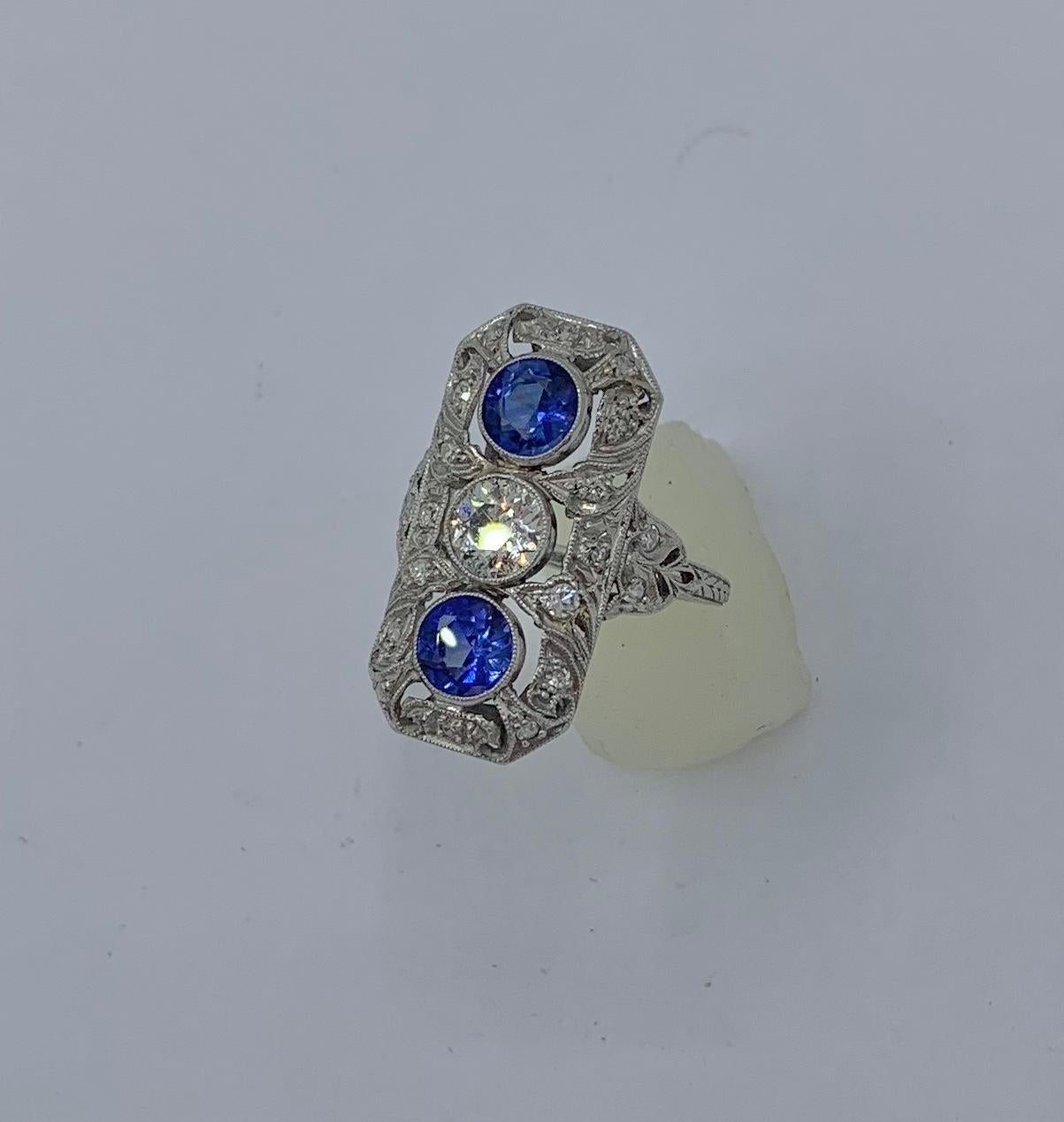 .75 Carat Diamond Sapphire Platinum Wedding Engagement Ring Art Deco Antique For Sale 9