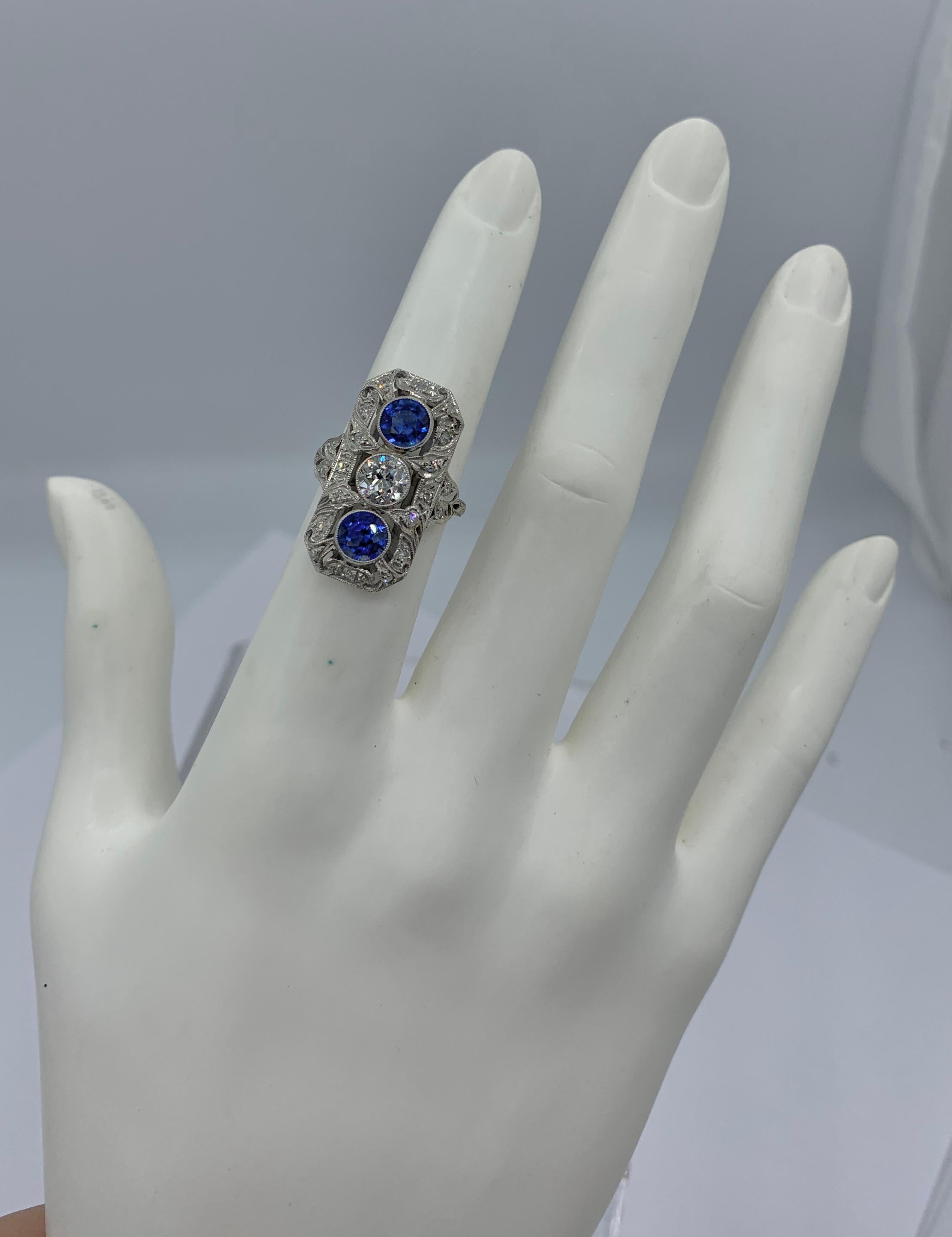 .75 Carat Diamond Sapphire Platinum Wedding Engagement Ring Art Deco Antique For Sale 10