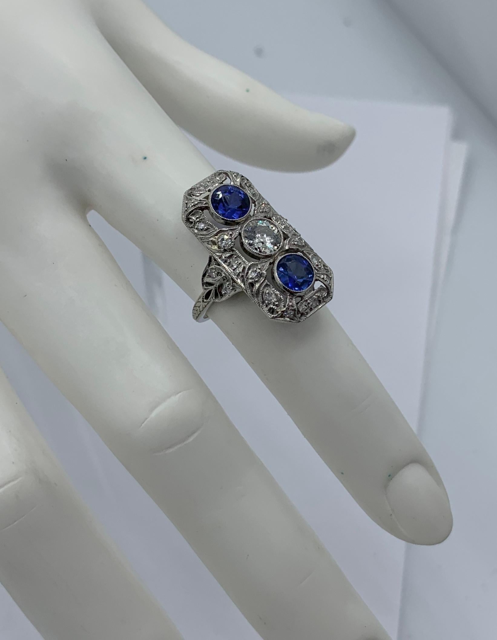.75 Carat Diamond Sapphire Platinum Wedding Engagement Ring Art Deco Antique en vente 11