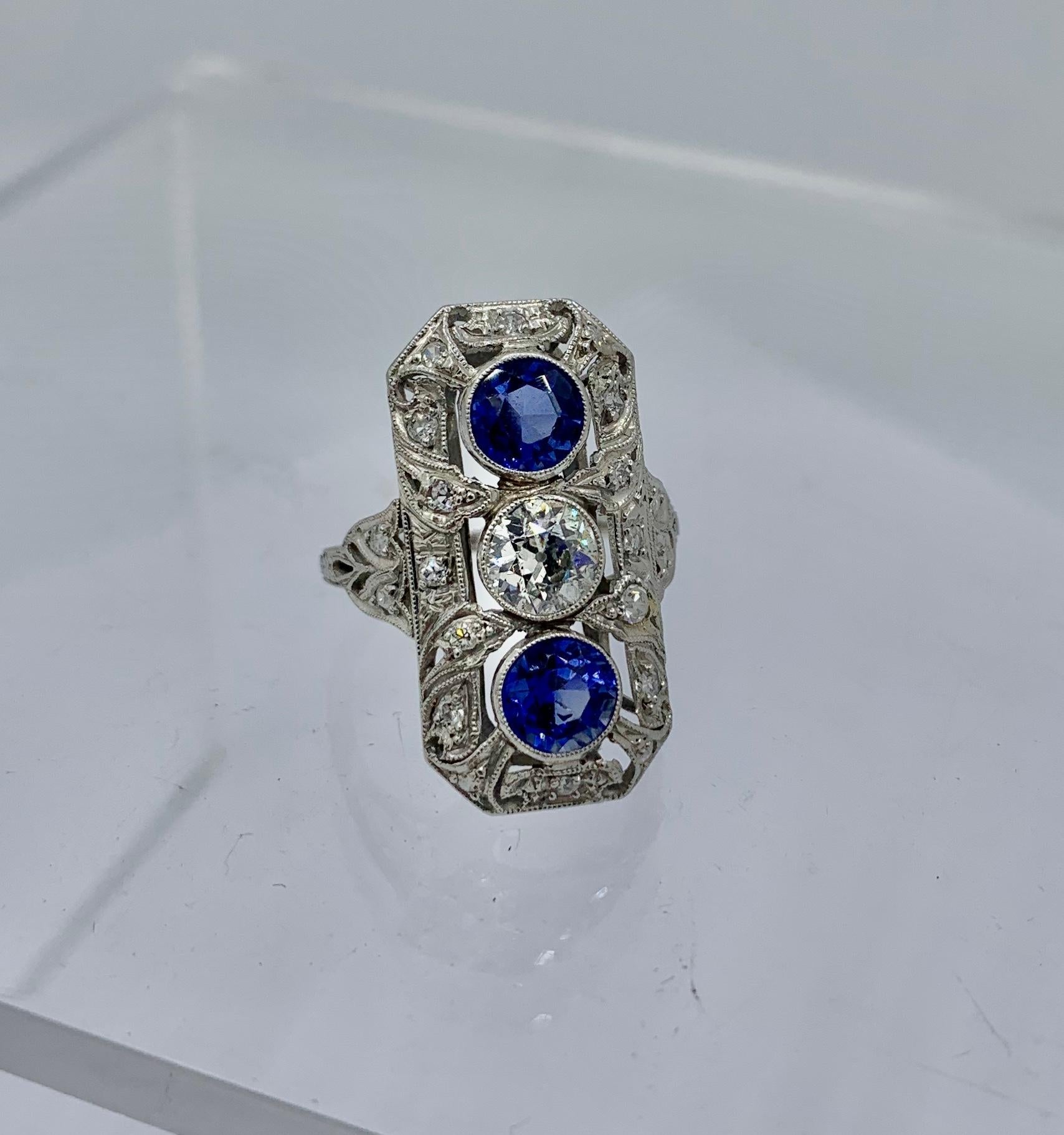 Old Mine Cut .75 Carat Diamond Sapphire Platinum Wedding Engagement Ring Art Deco Antique For Sale