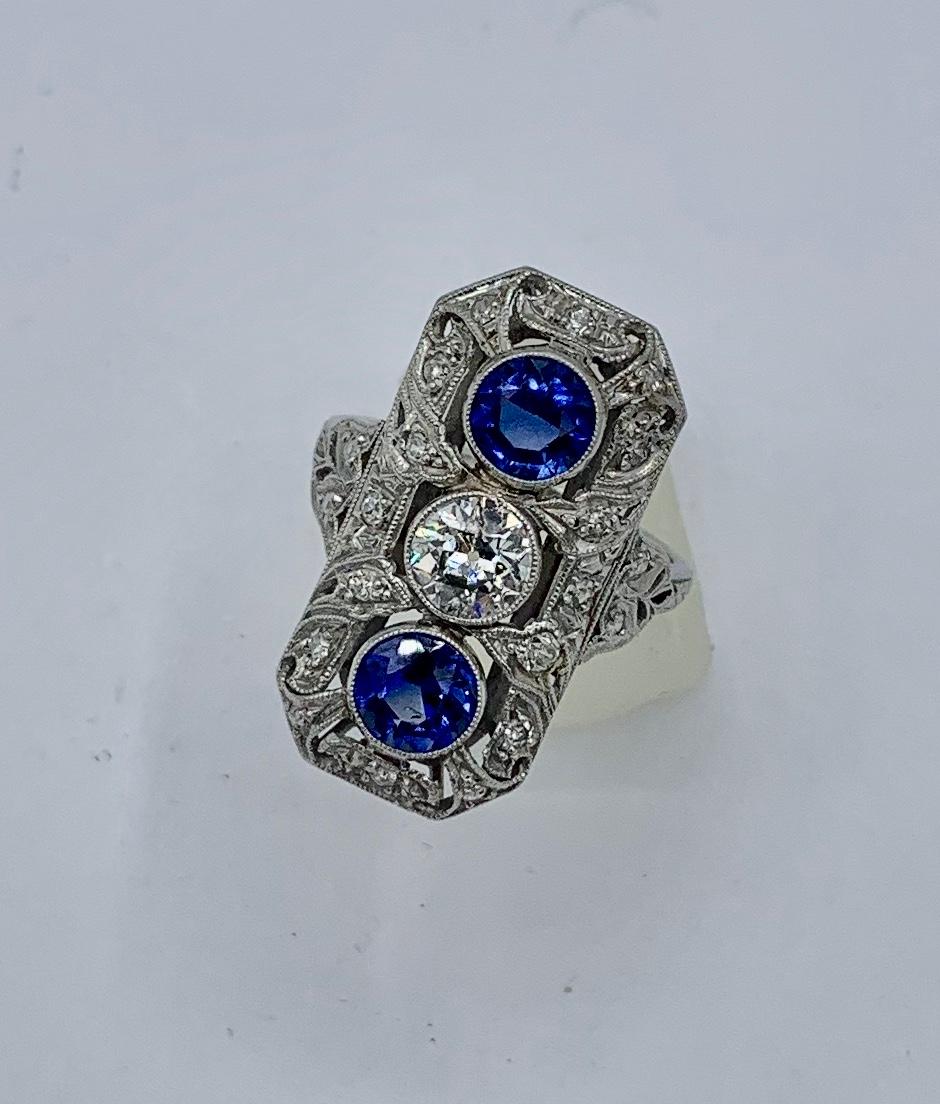 Women's .75 Carat Diamond Sapphire Platinum Wedding Engagement Ring Art Deco Antique For Sale