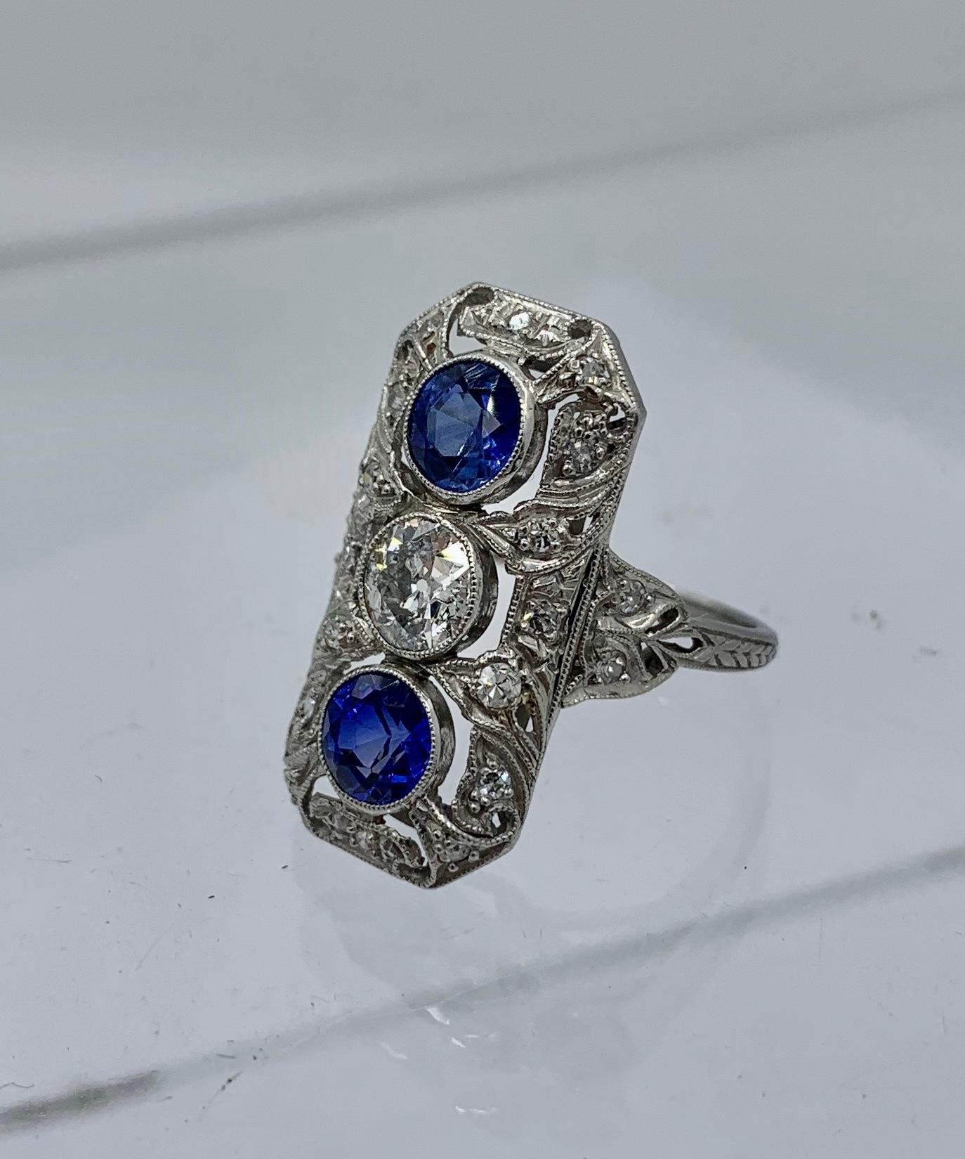 .75 Carat Diamond Sapphire Platinum Wedding Engagement Ring Art Deco Antique en vente 2