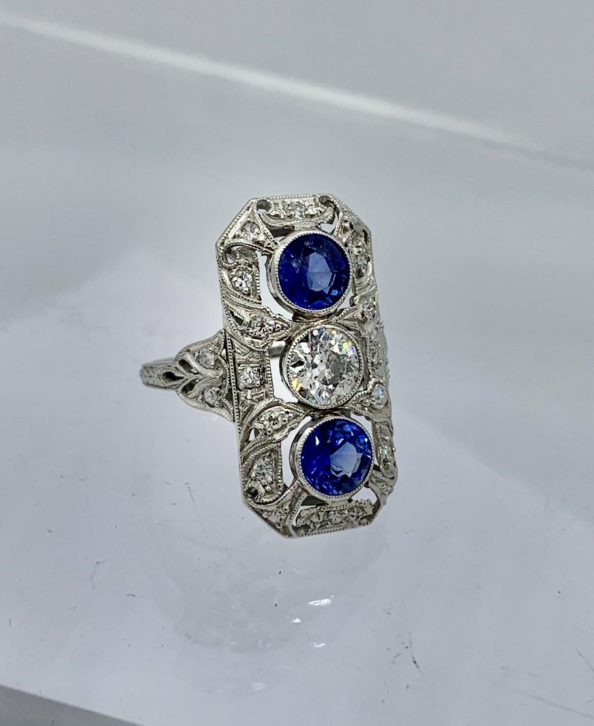 .75 Carat Diamond Sapphire Platinum Wedding Engagement Ring Art Deco Antique en vente 3