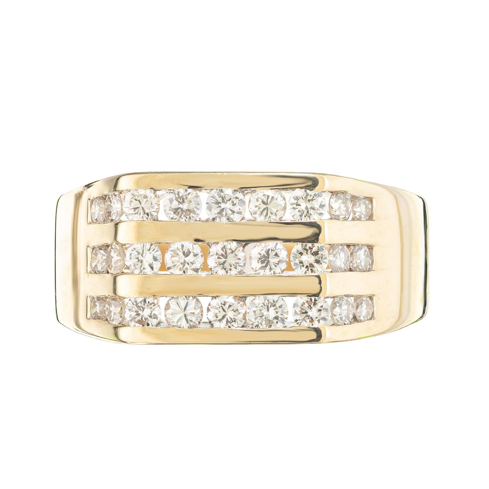 Stylish three row flat top .75 carat round brilliant cut 27 diamond ring set in 14k yellow gold, crafted for the modern gentleman. The intricate design features three rows of shimmering diamonds set in lustrous yellow gold, creating a captivating