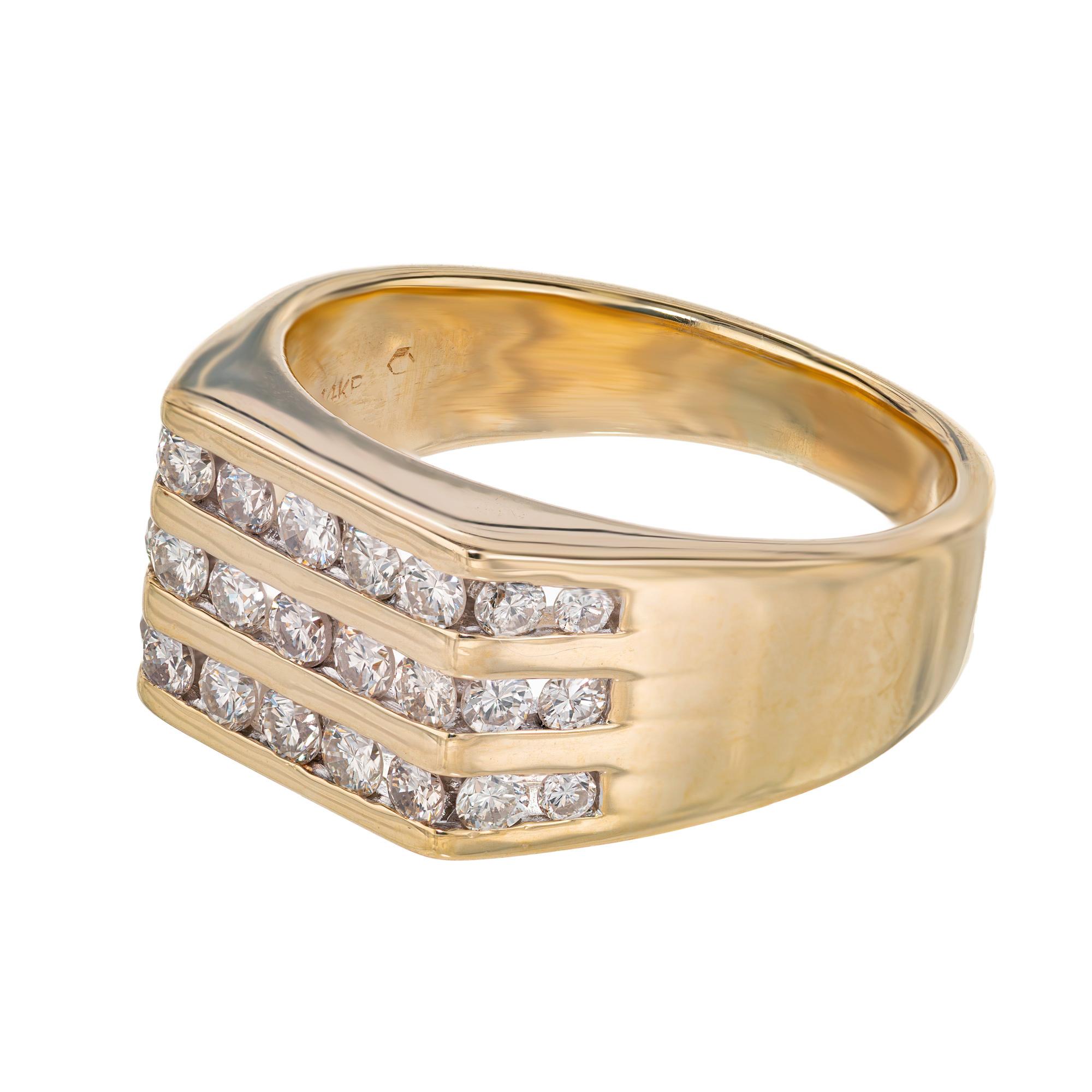 Round Cut .75 Carat Diamond Yellow Gold Three Row Men's Ring For Sale