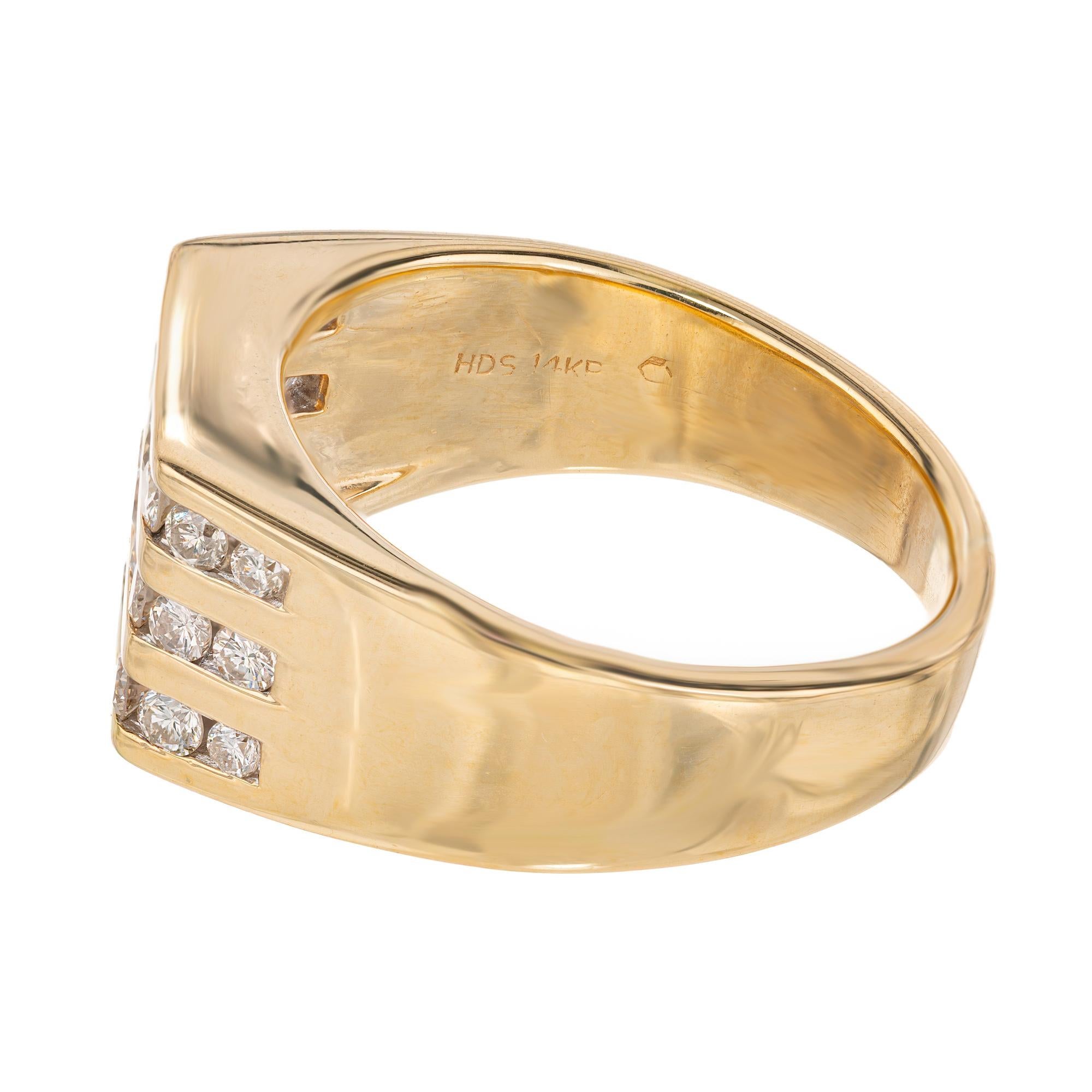 .75 Carat Diamond Yellow Gold Three Row Men's Ring In Good Condition For Sale In Stamford, CT