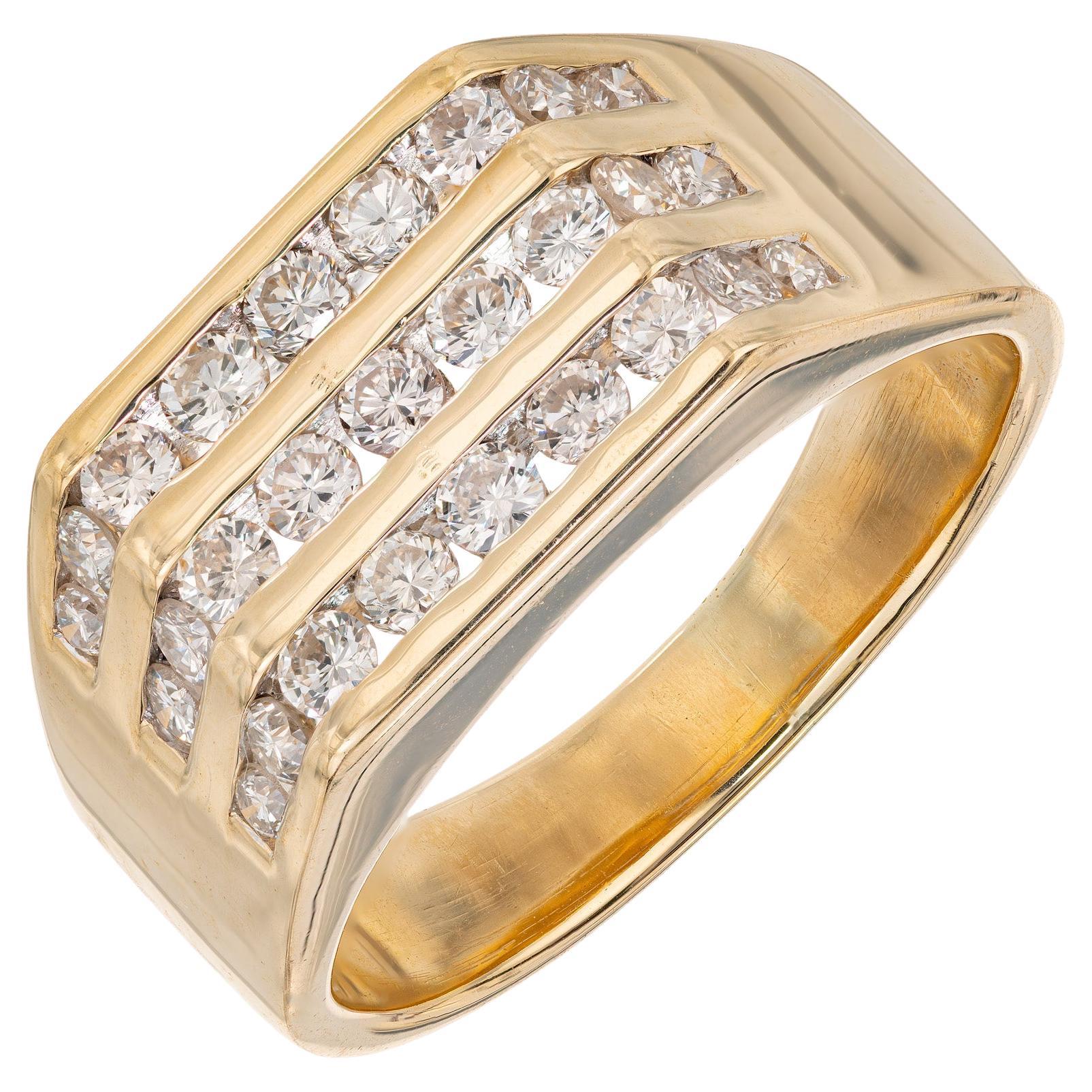 .75 Carat Diamond Yellow Gold Three Row Men's Ring For Sale
