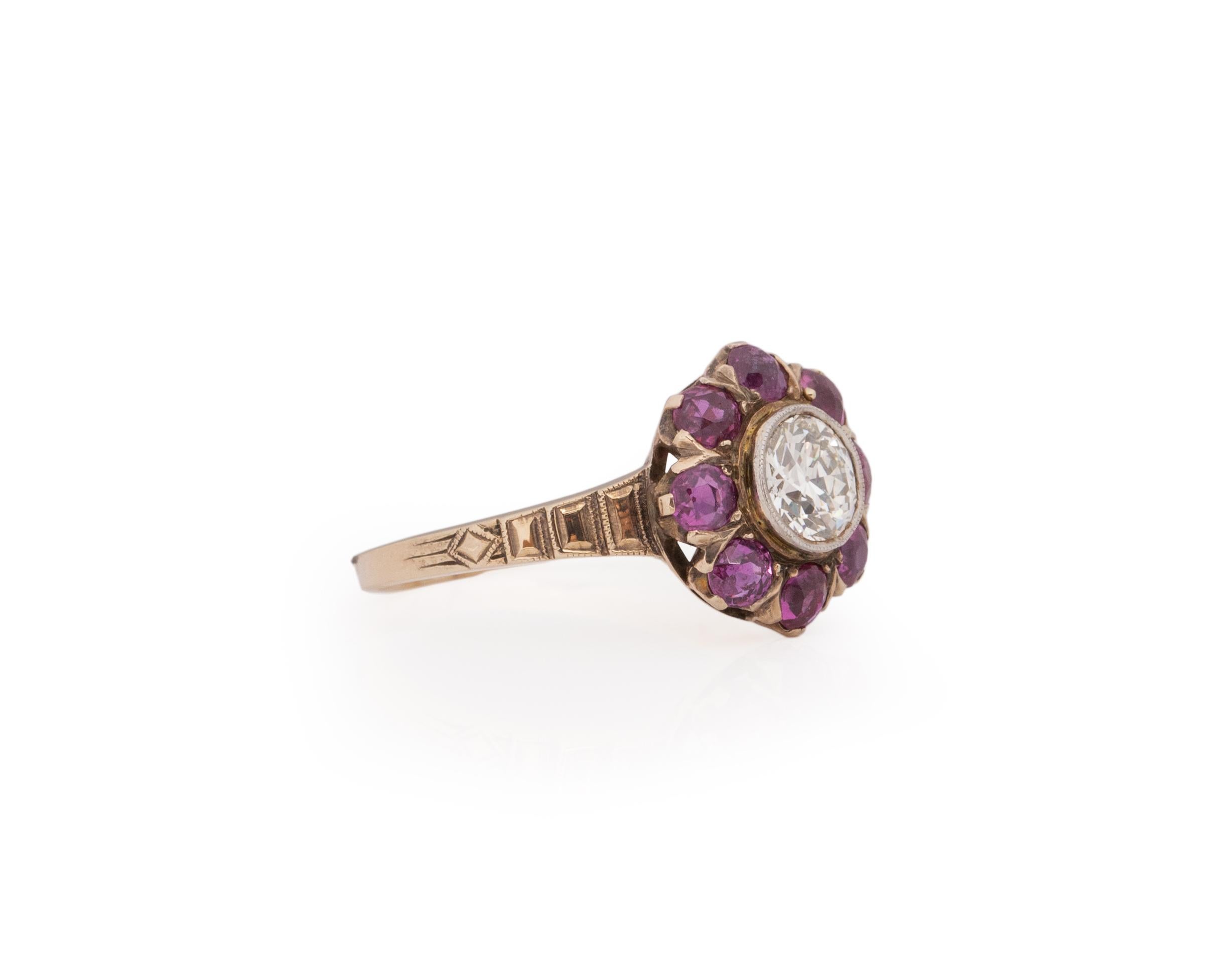 Ring Size: 7.25
Metal Type: 14K Yellow Gold [Hallmarked, and Tested]
Weight: 3.2 grams

Diamond Details:
Weight: .75ct
Cut: Old European brilliant
Color: J
Clarity: VS

Sapphire Details:
Natural, Unheated, Pink (Intense), 1.25ct total