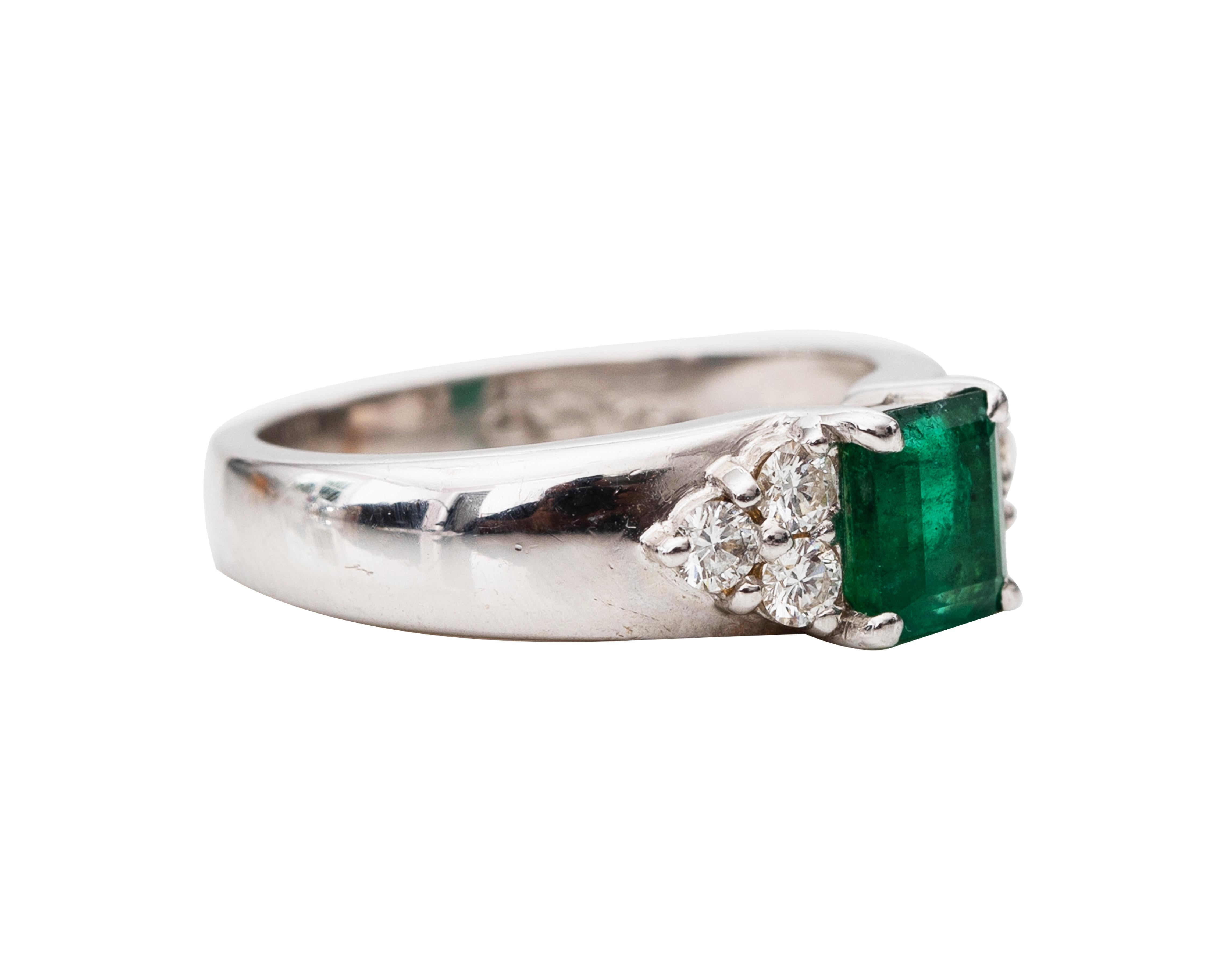 Item Details:
Metal type: 18 Karat White gold
Weight: 6 grams
Size: 5.75 (resizable)

Emerald Details:
Cut: Emerald
Carat: .75 Carats
Color: Vibrant Deep Forest green 

Diamond Details:
Cut: Round Brilliant
Carat: .30 Carats Total Weight ( 6