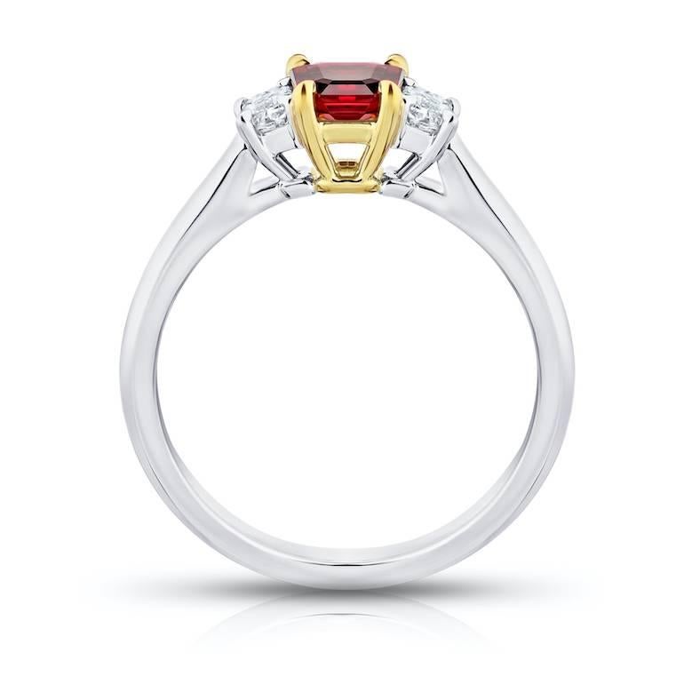 Contemporary .75 Carat Emerald Cut Natural No Heat Ruby and Diamond Platinum and 18k Ring