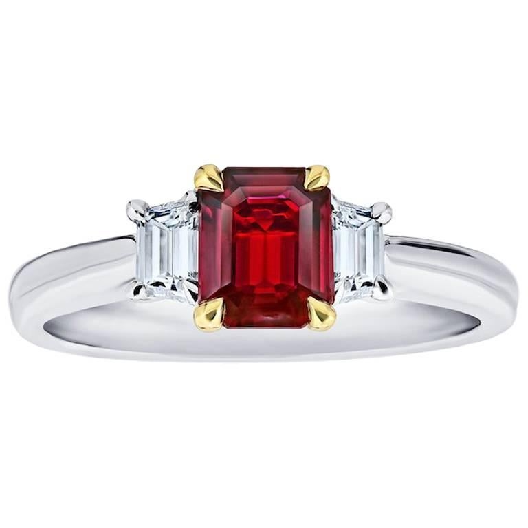 .75 Carat Emerald Cut Natural No Heat Ruby and Diamond Platinum and 18k Ring