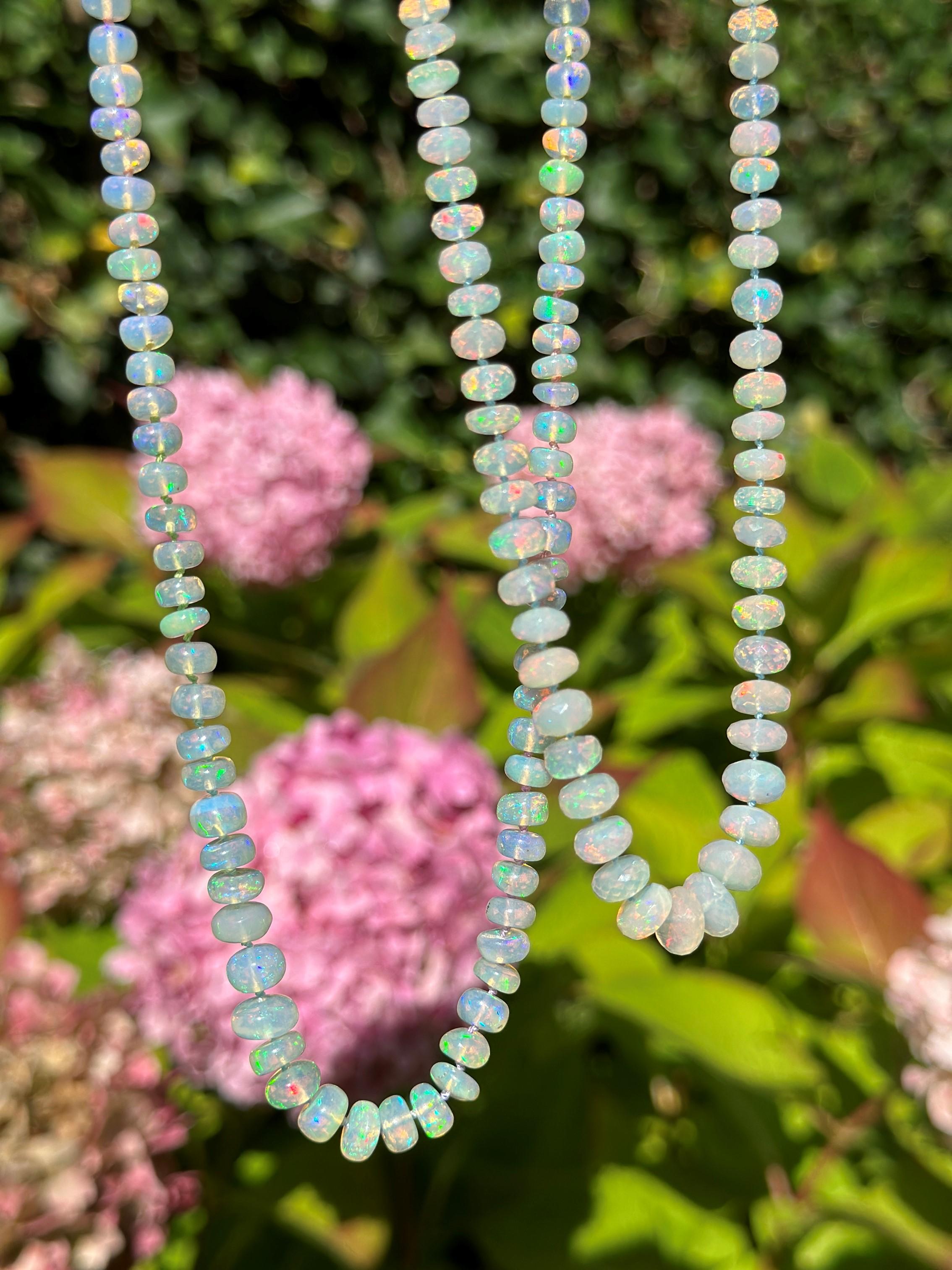 Genuine 75 Carat Sparkling Fire Opal Beaded 14K Gold Necklace For Sale 1
