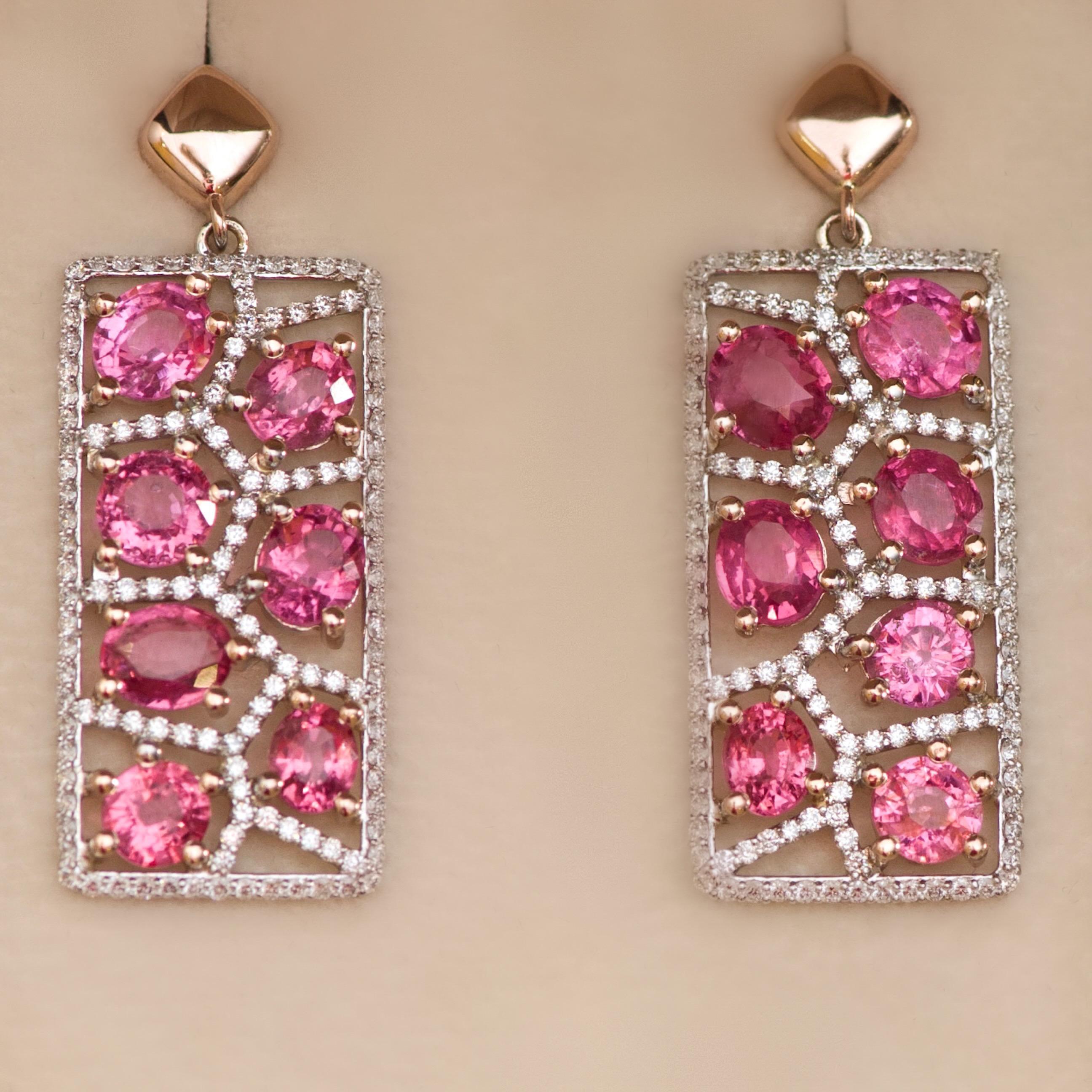 Light and very unusual carved earrings from rose and white gold with Mahenge spinel and small diamonds.
We love Mahenge spinel very much, it makes any jewelry bright and memorable. 
The pink color is trendy now, and it is simply impossible to find