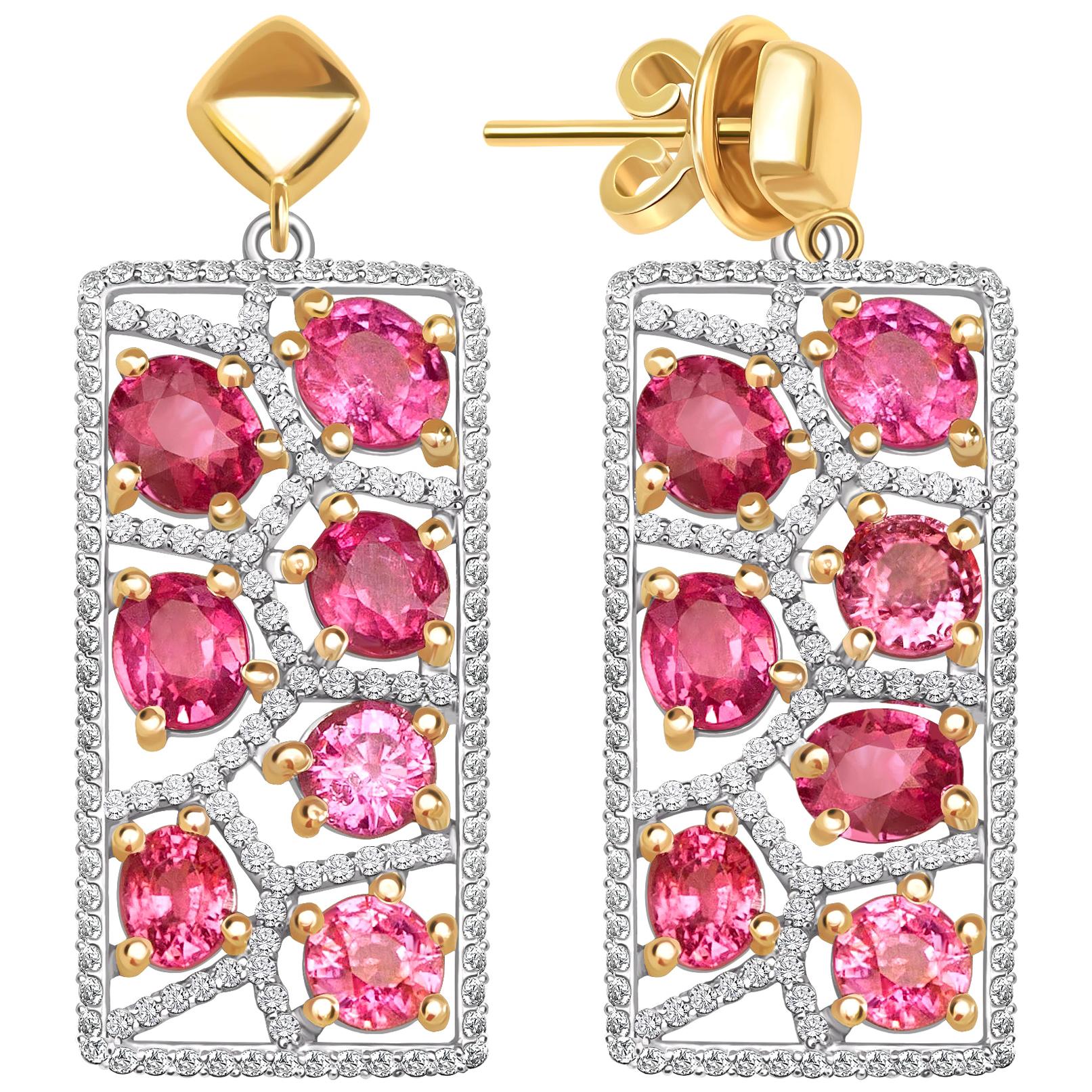 7.5 Carat Hot Pink Mahenge Spinel Diamonds 14 Karat Rose Gold Earrings