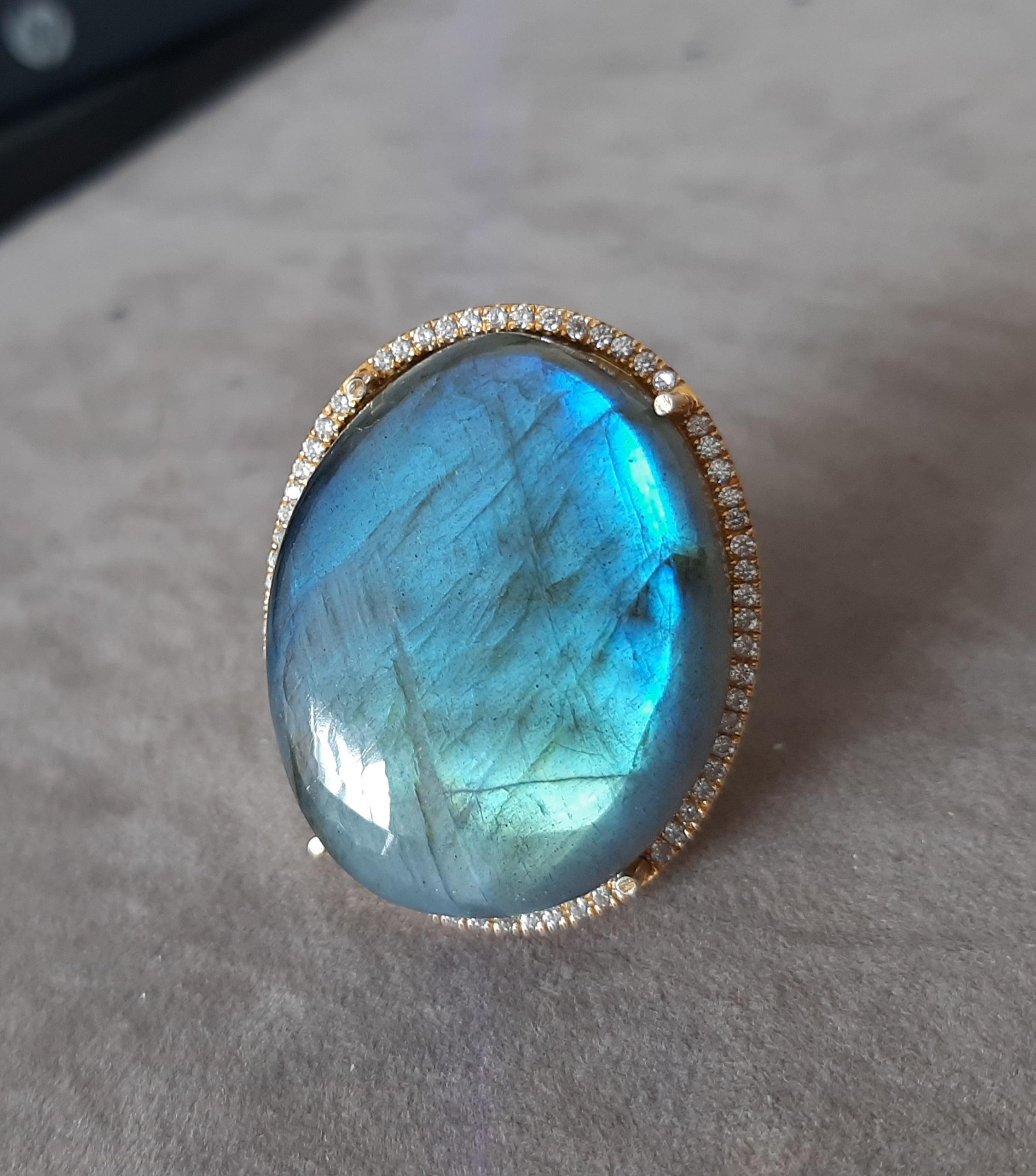 75 Carat Labradorite Oval Cab 0, 31 Carat Diamonds 14kt Solid Yellow Gold Ring en vente 6