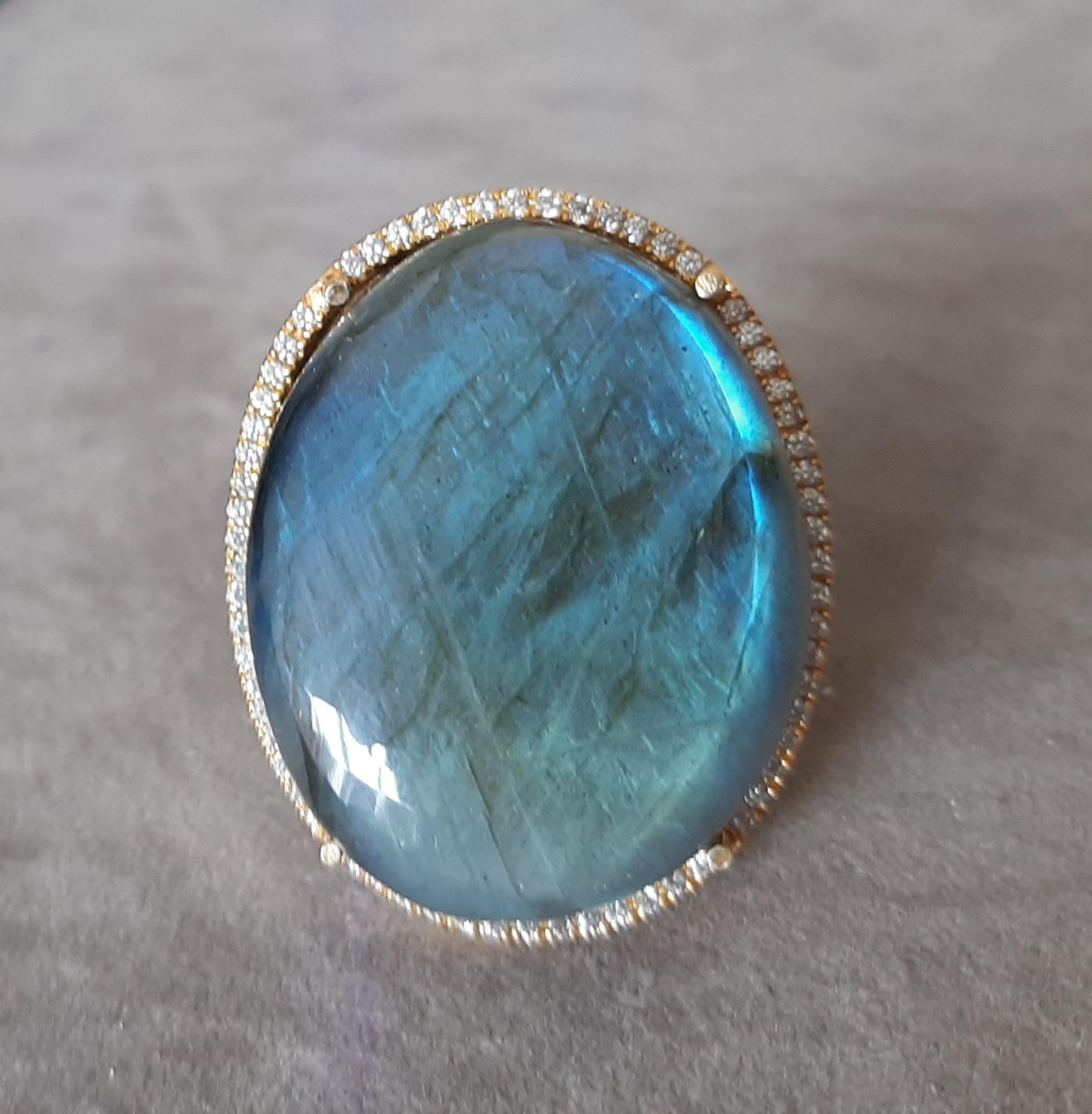 75 Carat Labradorite Oval Cab 0, 31 Carat Diamonds 14kt Solid Yellow Gold Ring en vente 7