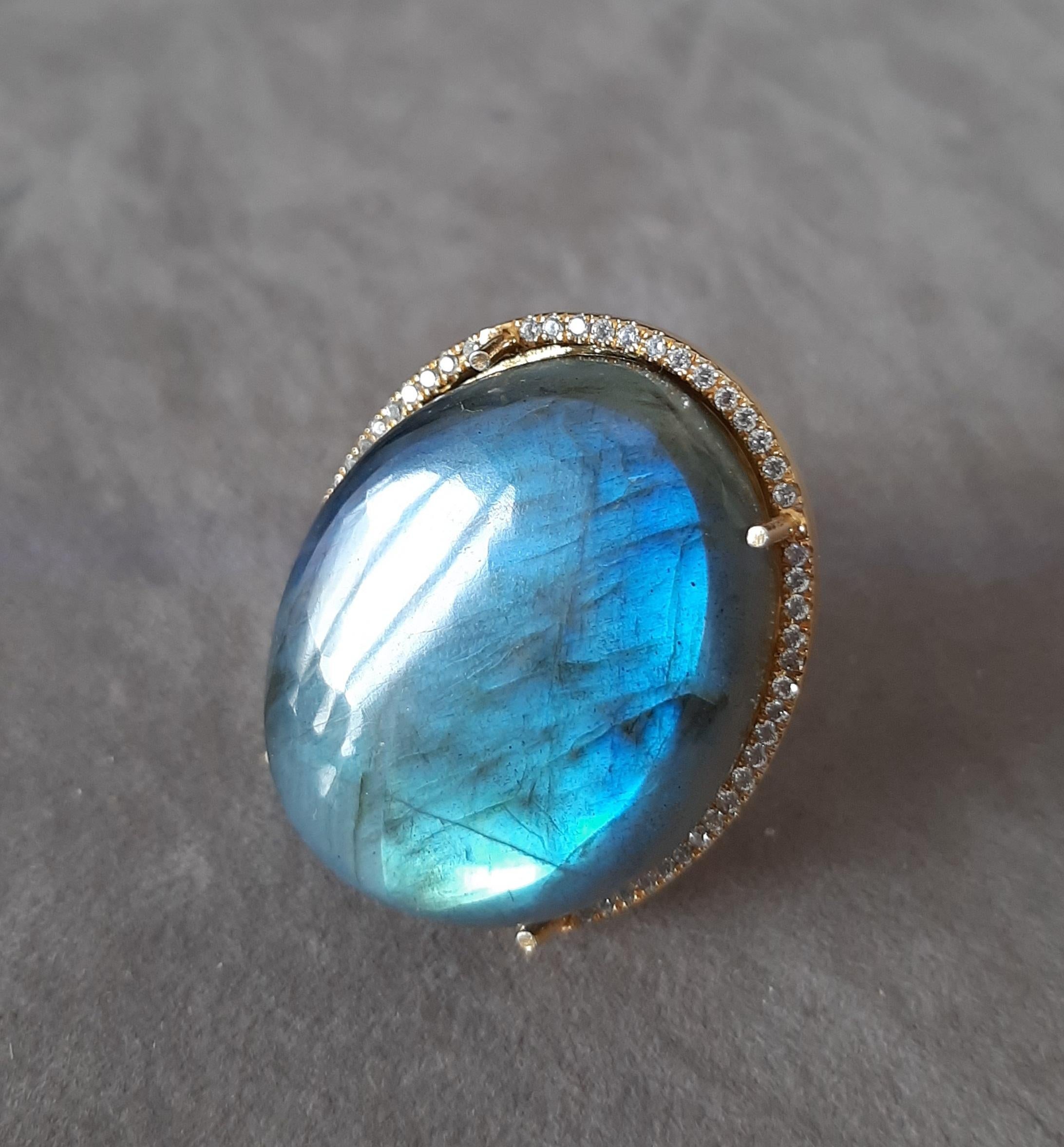 75 Carat Labradorite Oval Cab 0, 31 Carat Diamonds 14kt Solid Yellow Gold Ring en vente 8