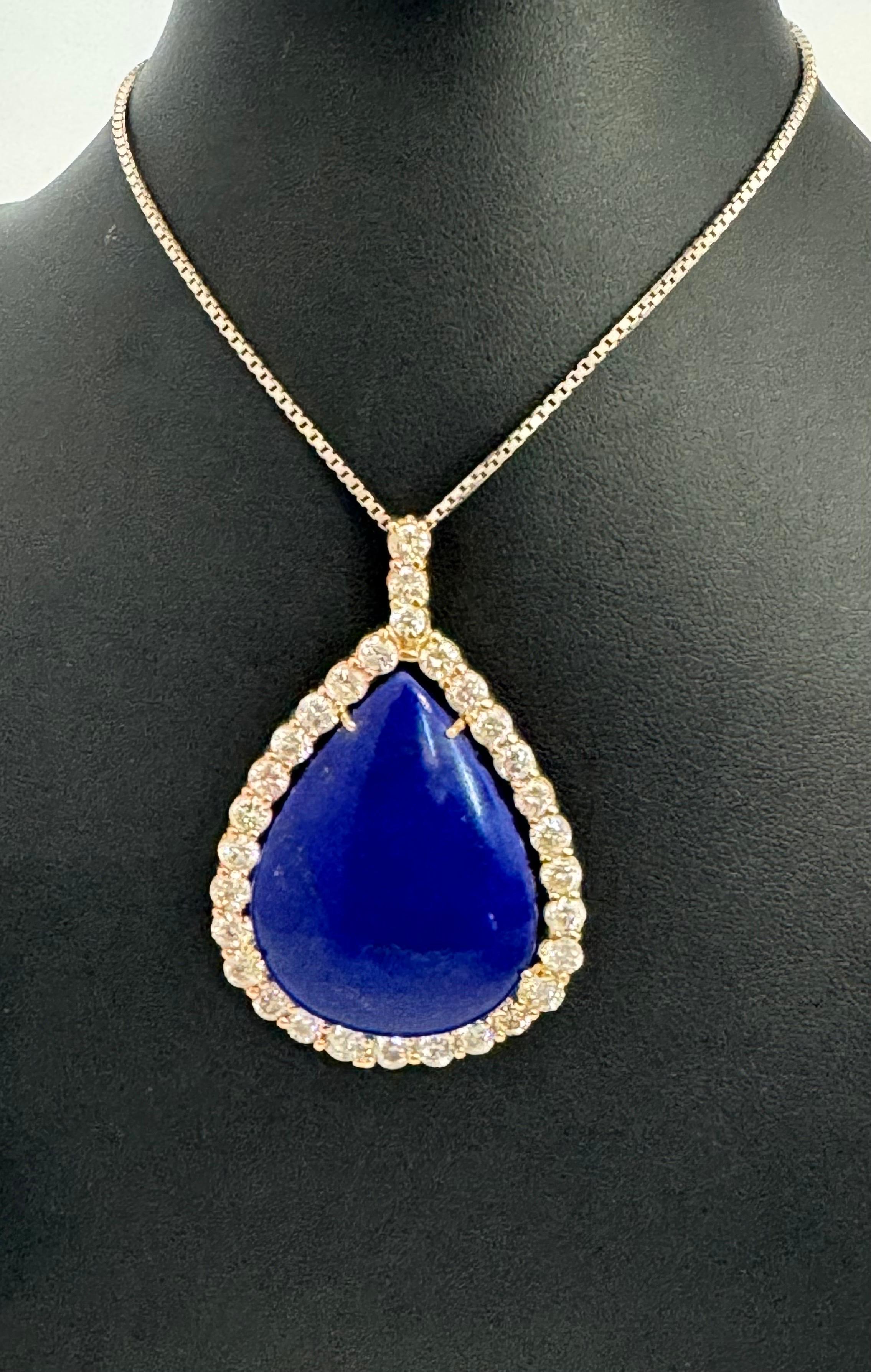 75 Carat Lapis  & 9.5 ct Diamond Pendant Necklace 14 Karat White Gold + Chain For Sale 5