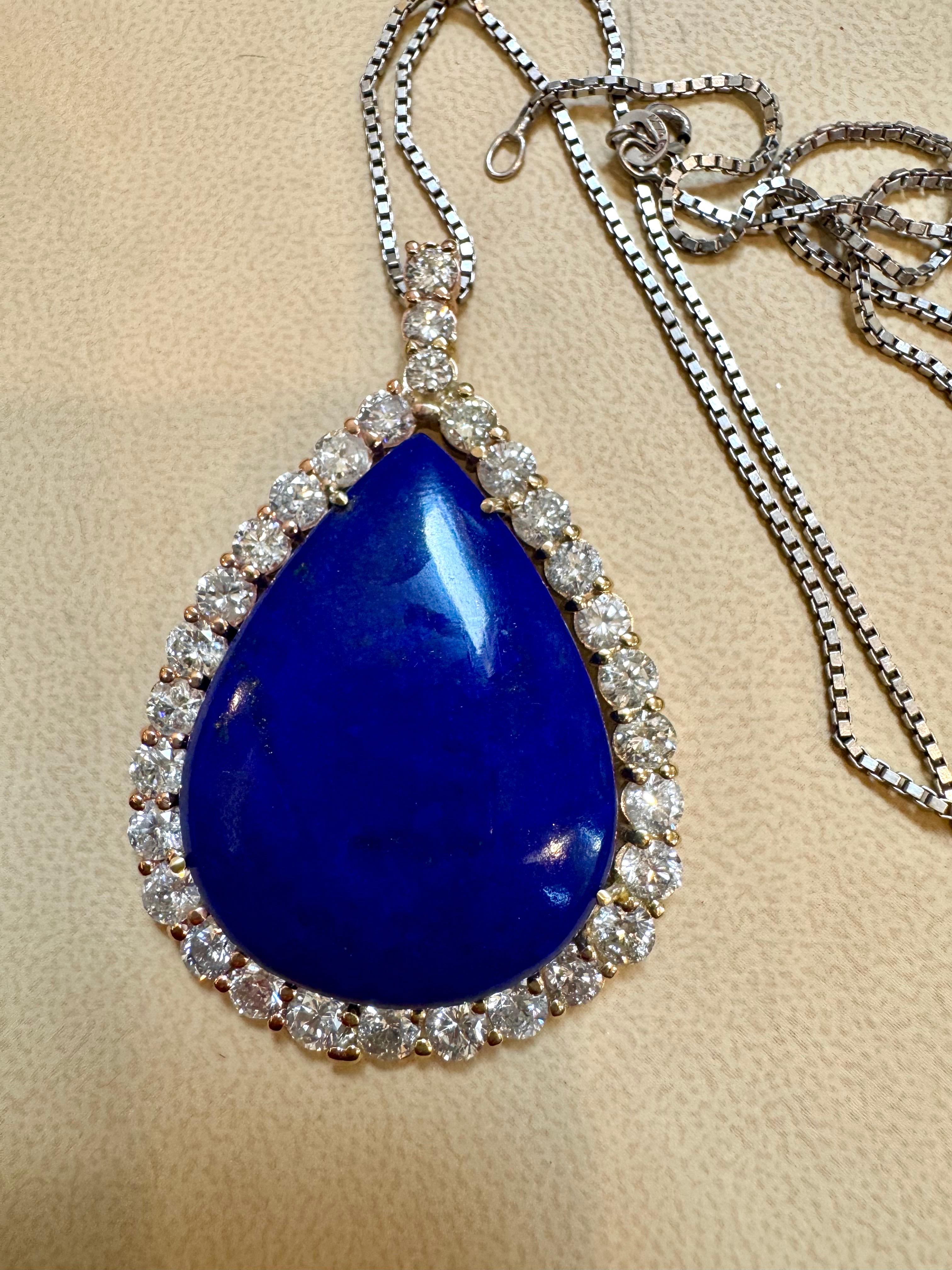 Cushion Cut 75 Carat Lapis  & 9.5 ct Diamond Pendant Necklace 14 Karat White Gold + Chain For Sale