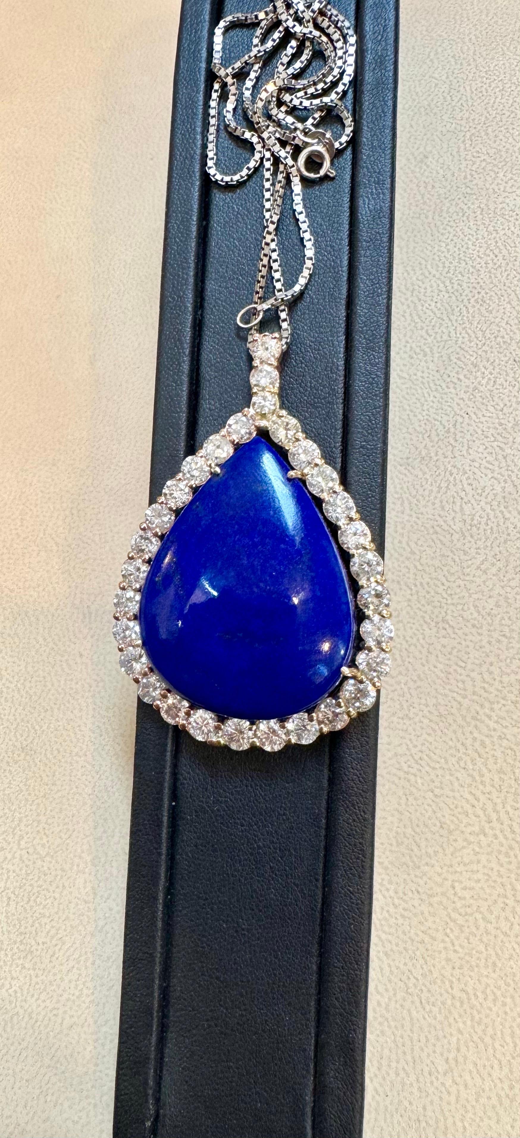 75 Carat Lapis  & 9.5 ct Diamond Pendant Necklace 14 Karat White Gold + Chain In Excellent Condition For Sale In New York, NY