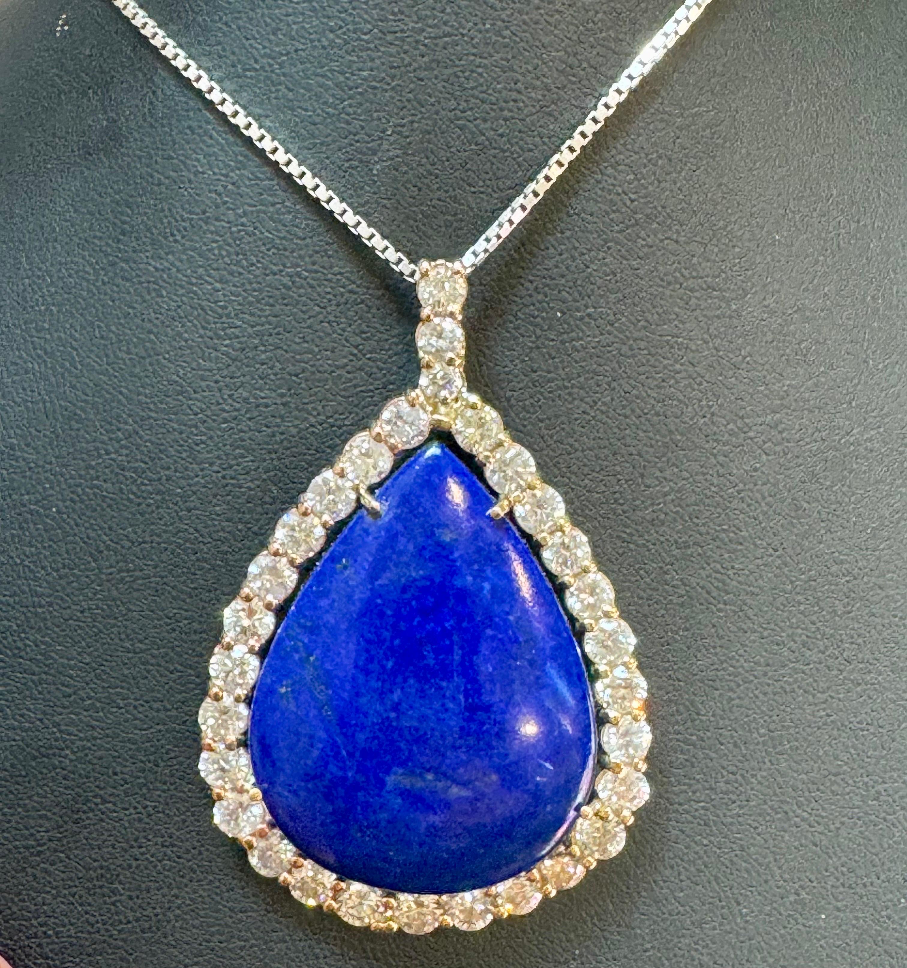 Women's 75 Carat Lapis  & 9.5 ct Diamond Pendant Necklace 14 Karat White Gold + Chain For Sale