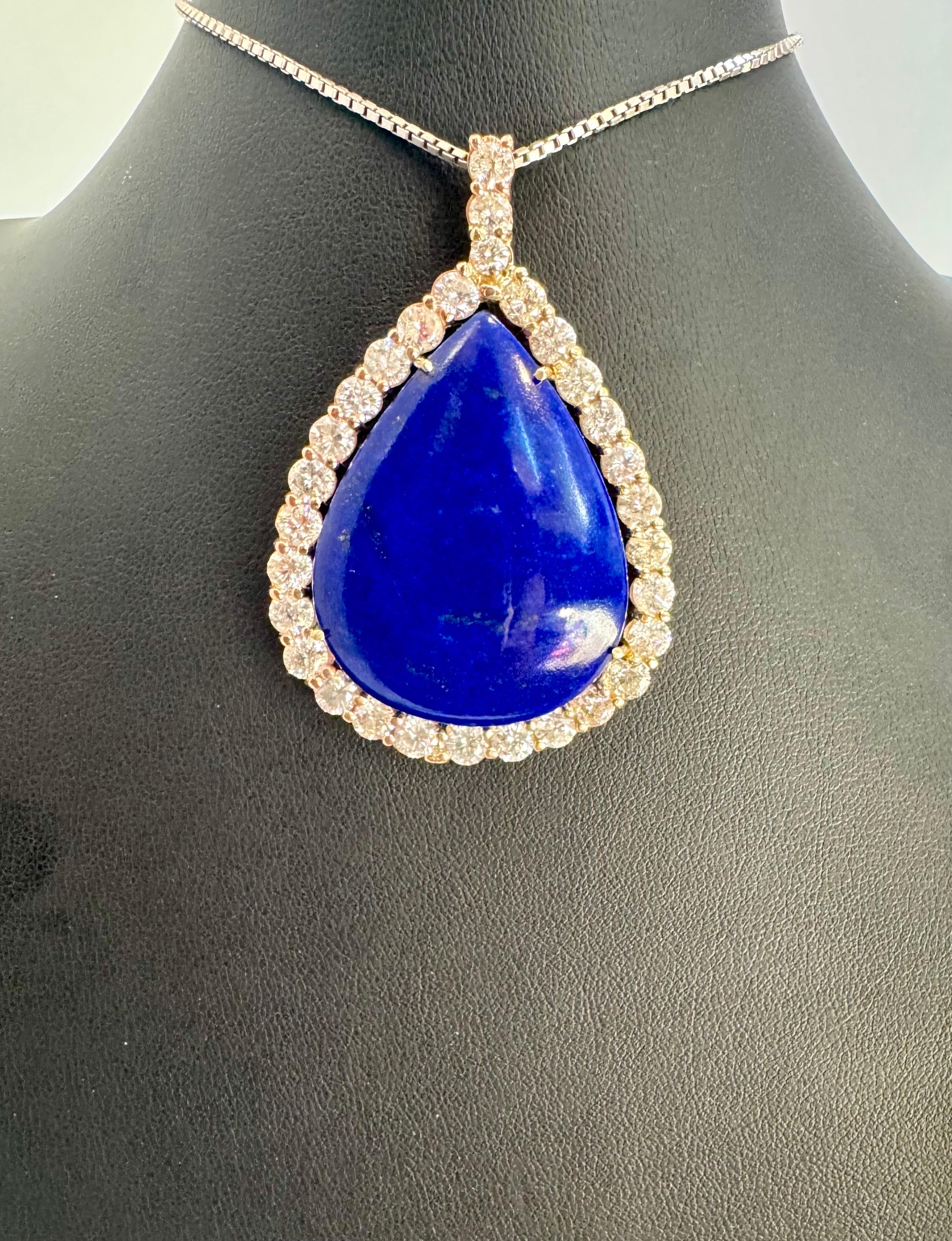 75 Carat Lapis  & 9.5 ct Diamond Pendant Necklace 14 Karat White Gold + Chain For Sale 1