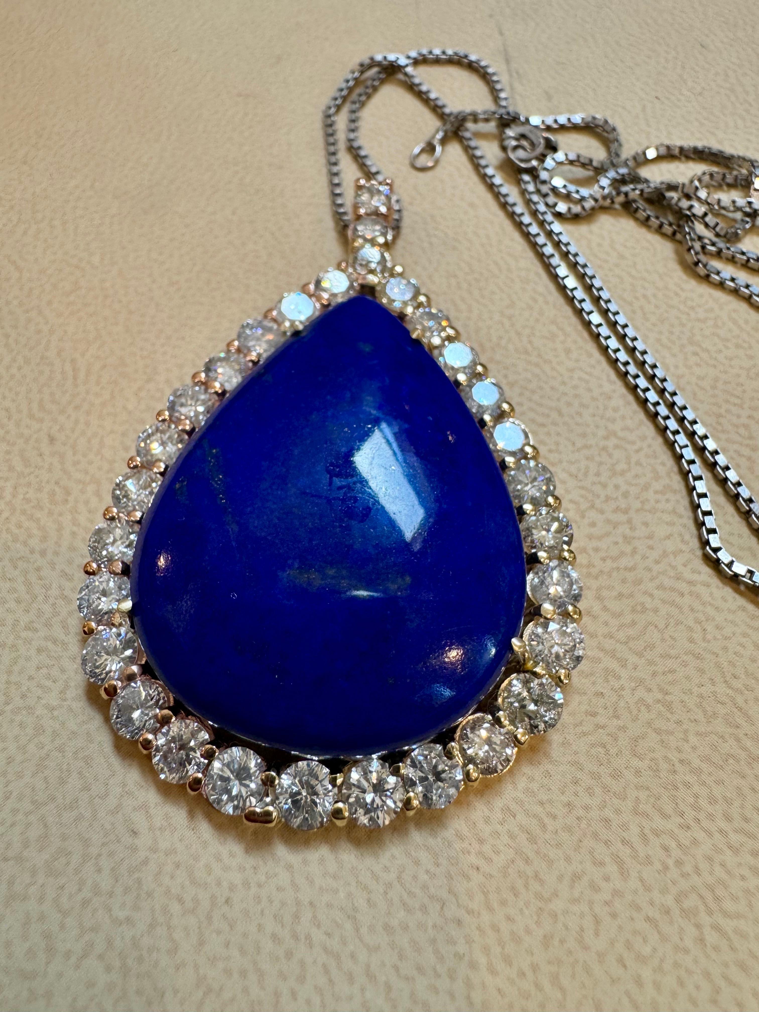 75 Carat Lapis  & 9.5 ct Diamond Pendant Necklace 14 Karat White Gold + Chain For Sale 2