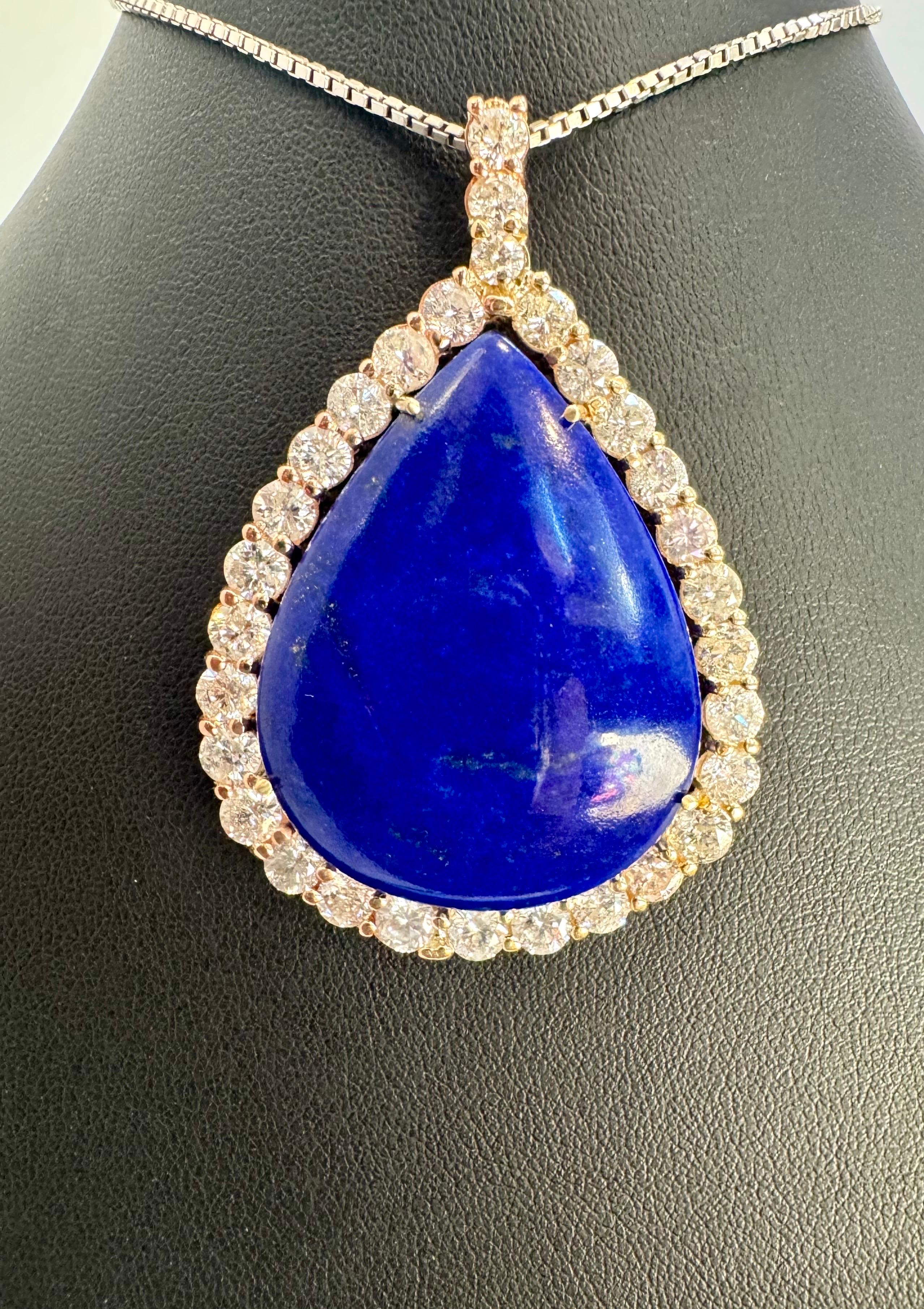 75 Carat Lapis  & 9.5 ct Diamond Pendant Necklace 14 Karat White Gold + Chain For Sale 3